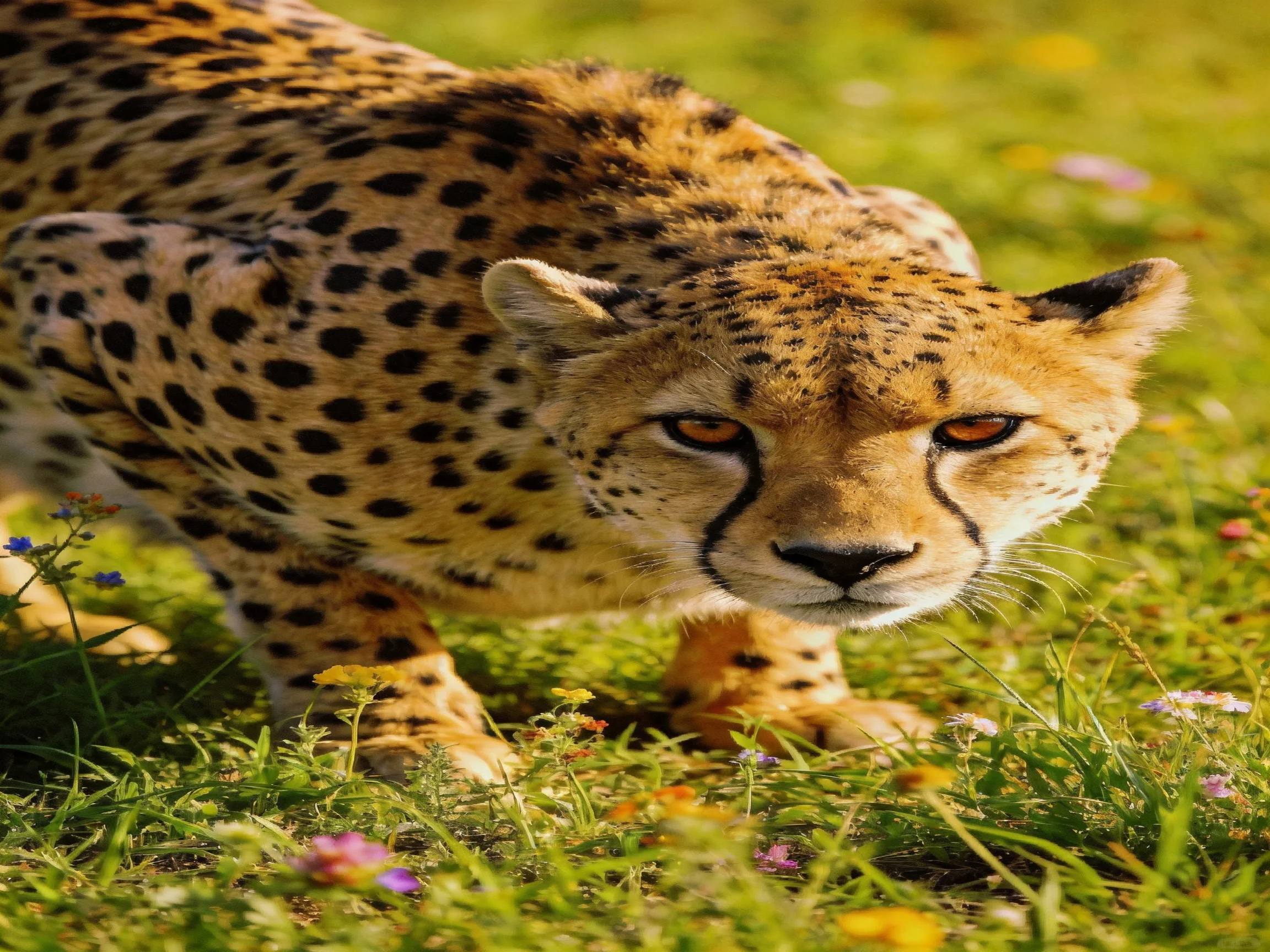 A cheetah crouches attentively in a field of grass and wildflowers.