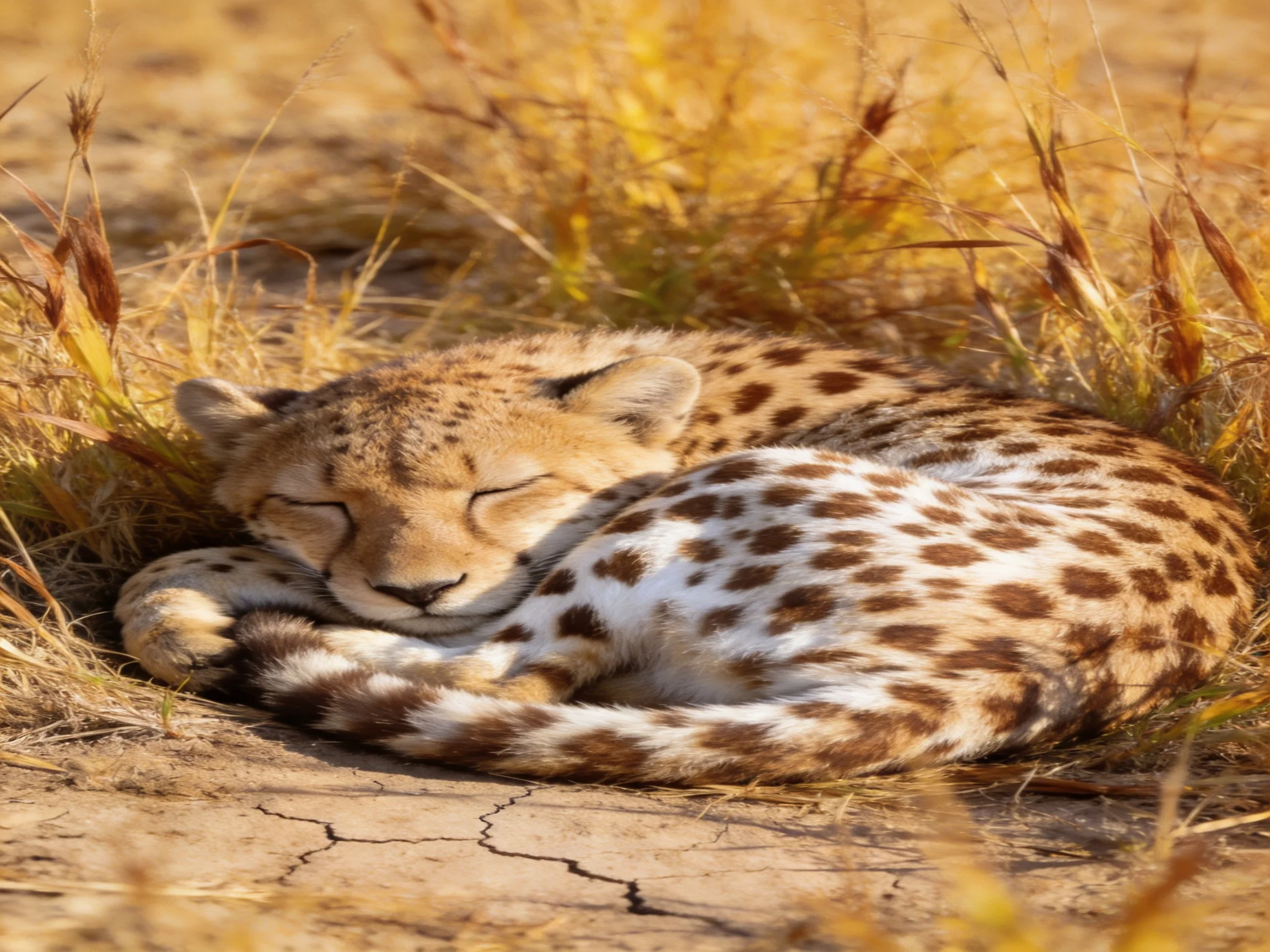 A cheetah cub curls up to rest in golden savannah grass.