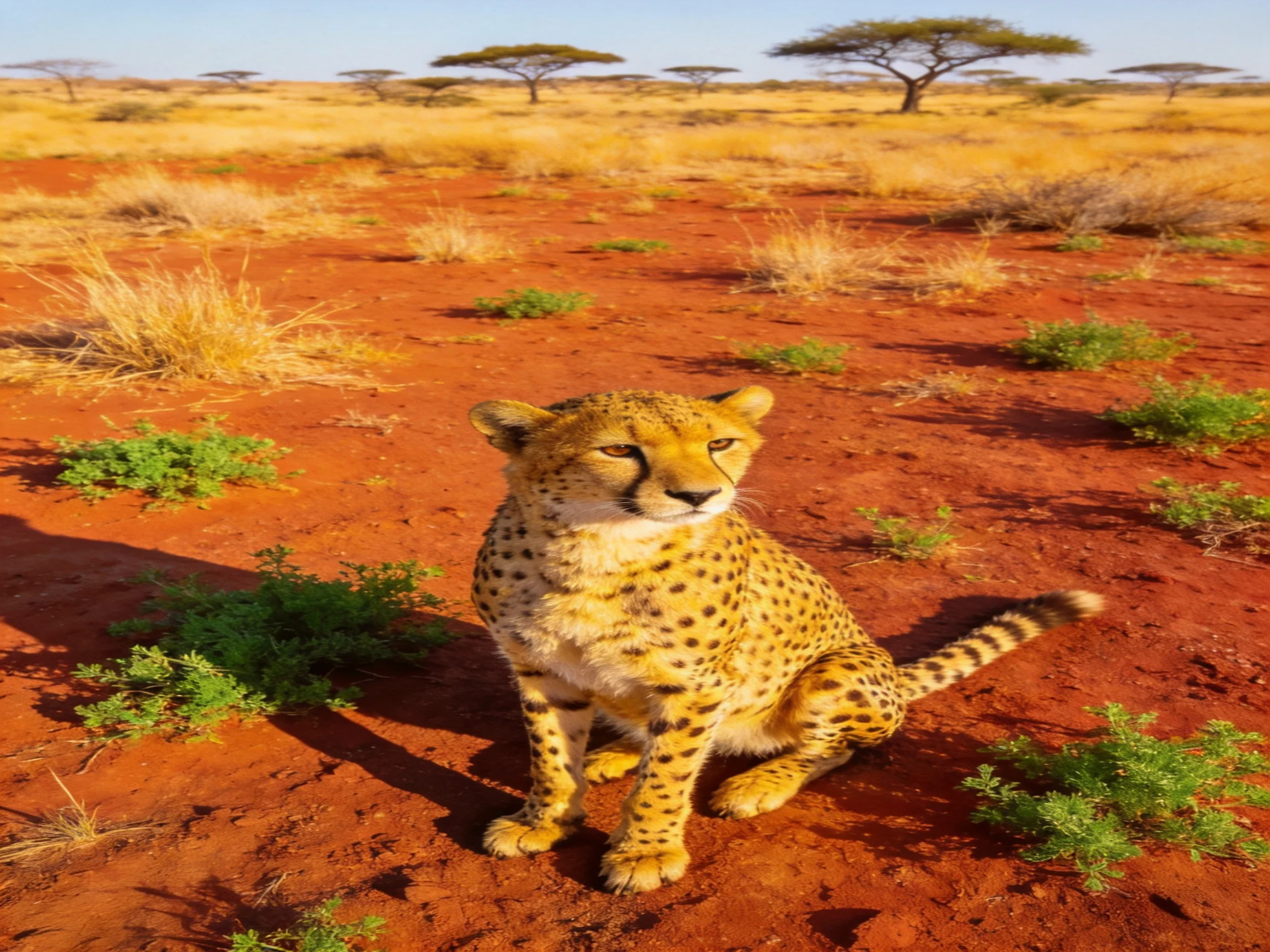 A cheetah cub rests on reddish earth in a vast savannah landscape.