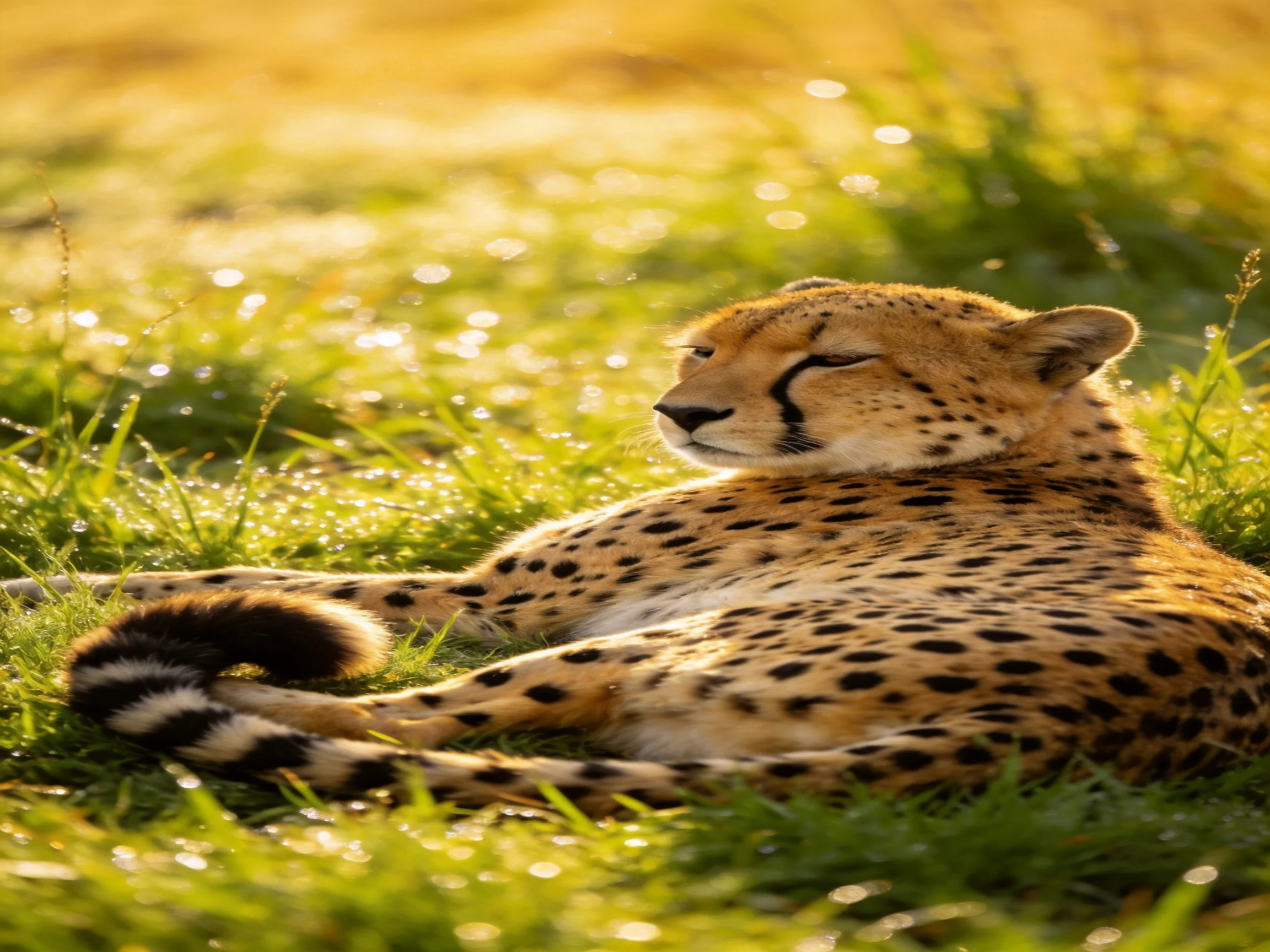 A cheetah relaxes in dewy grass illuminated by sunlight.