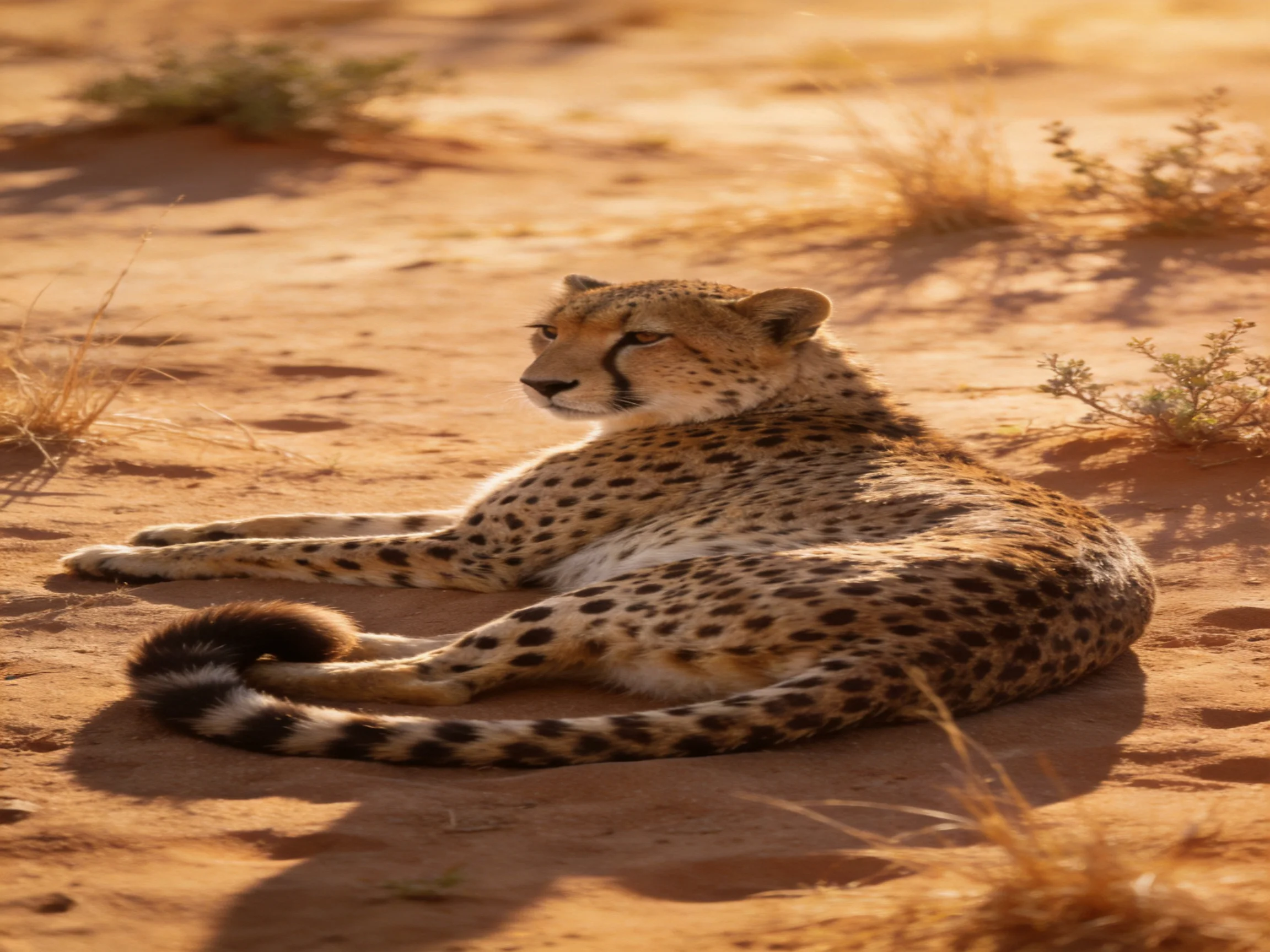 A cheetah lounges on sunlit sandy terrain.