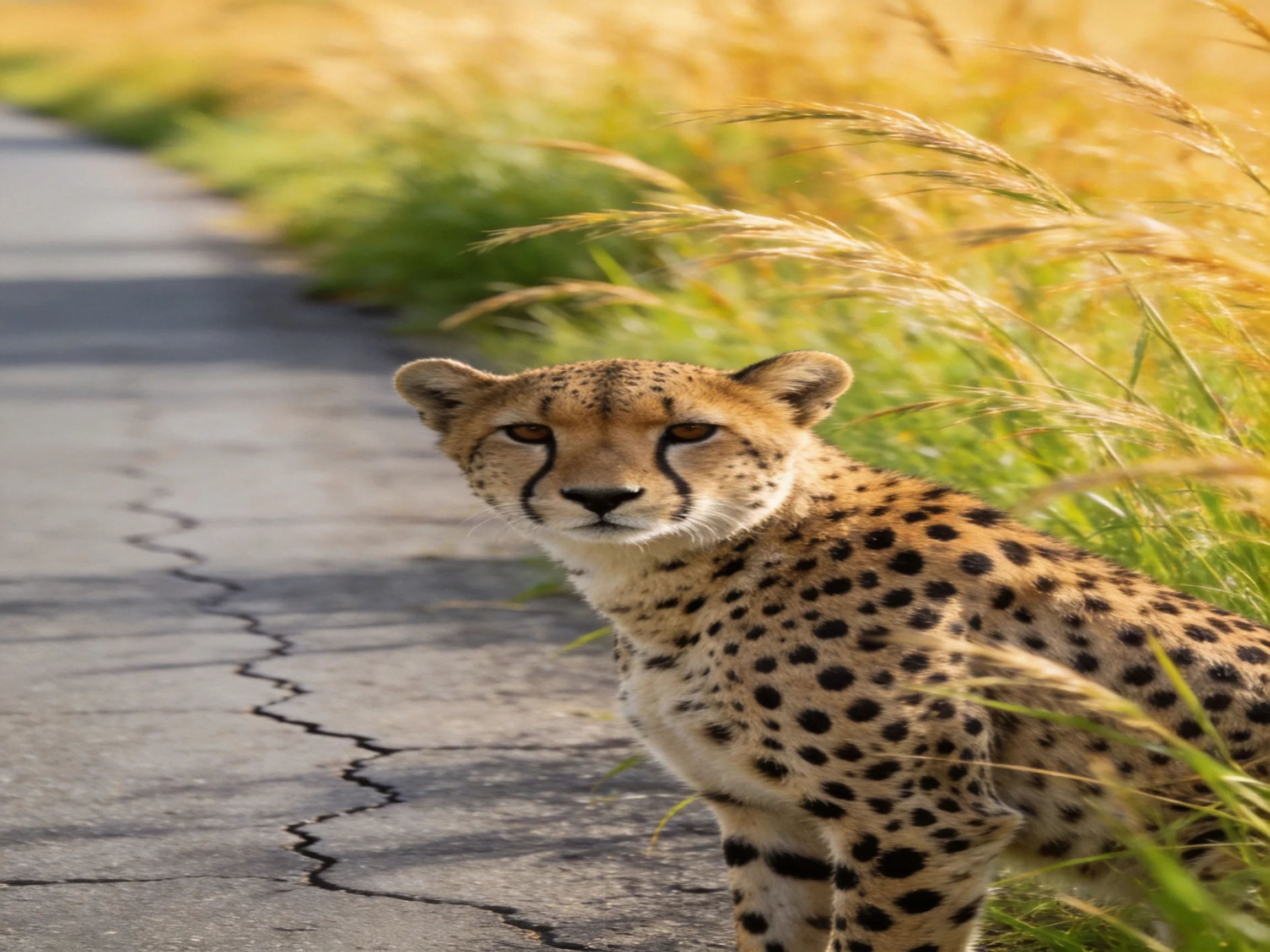 A cheetah near a cracked asphalt path with golden tall grasses