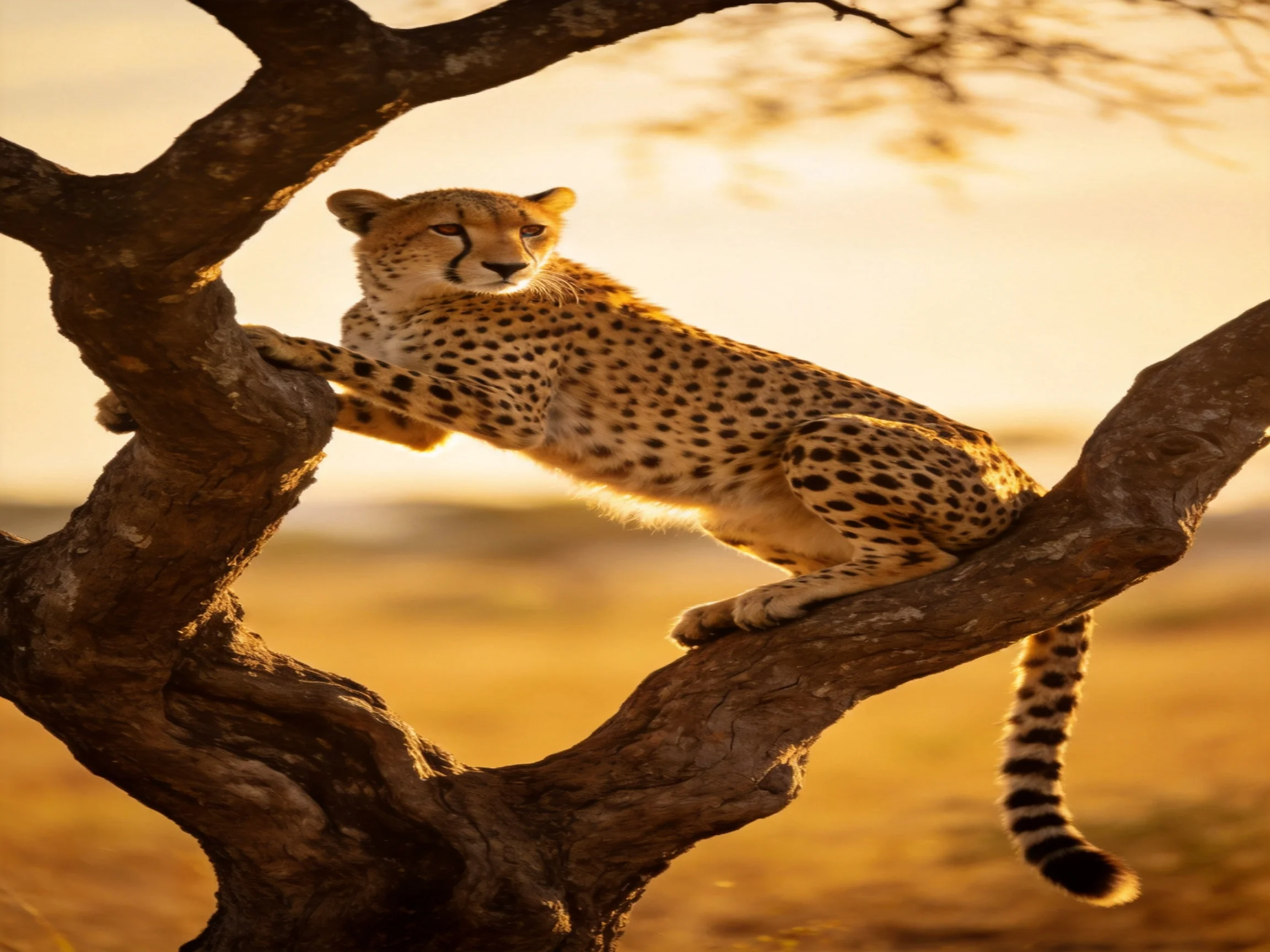 A cheetah rests on a twisted tree branch amid a golden savannah landscape.