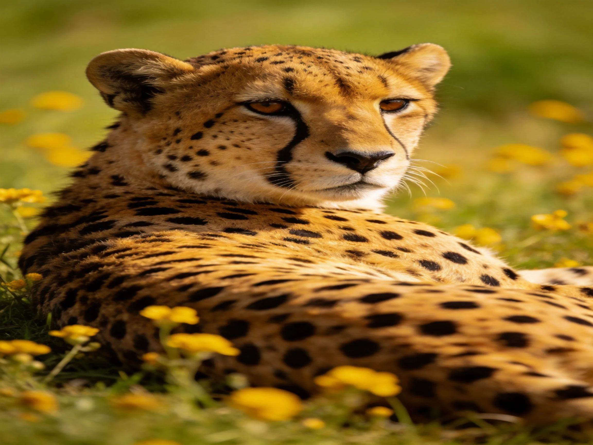 A cheetah relaxes among yellow wildflowers in a sunlit meadow.
