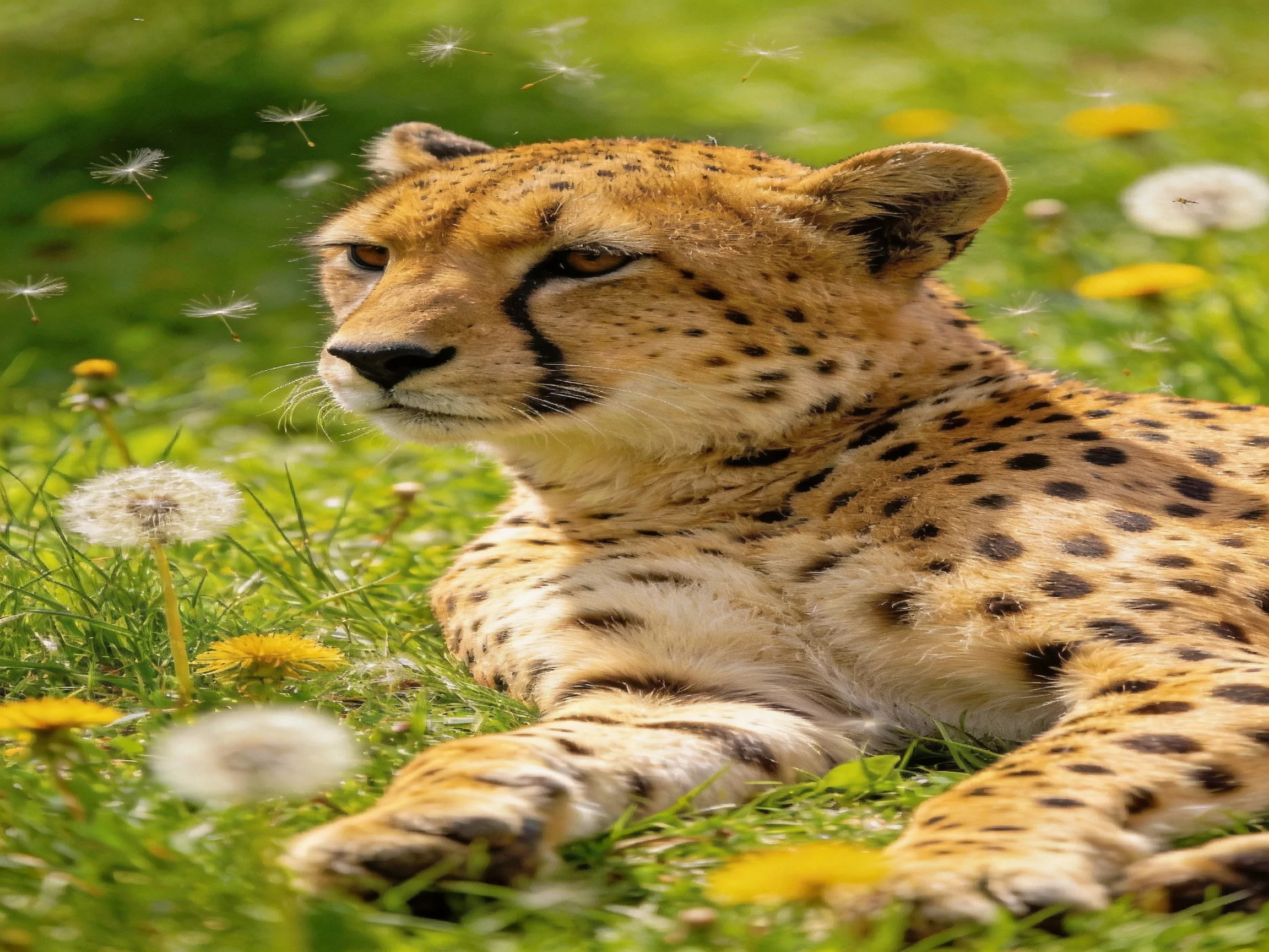 A cheetah rests in a grassy field with dandelions