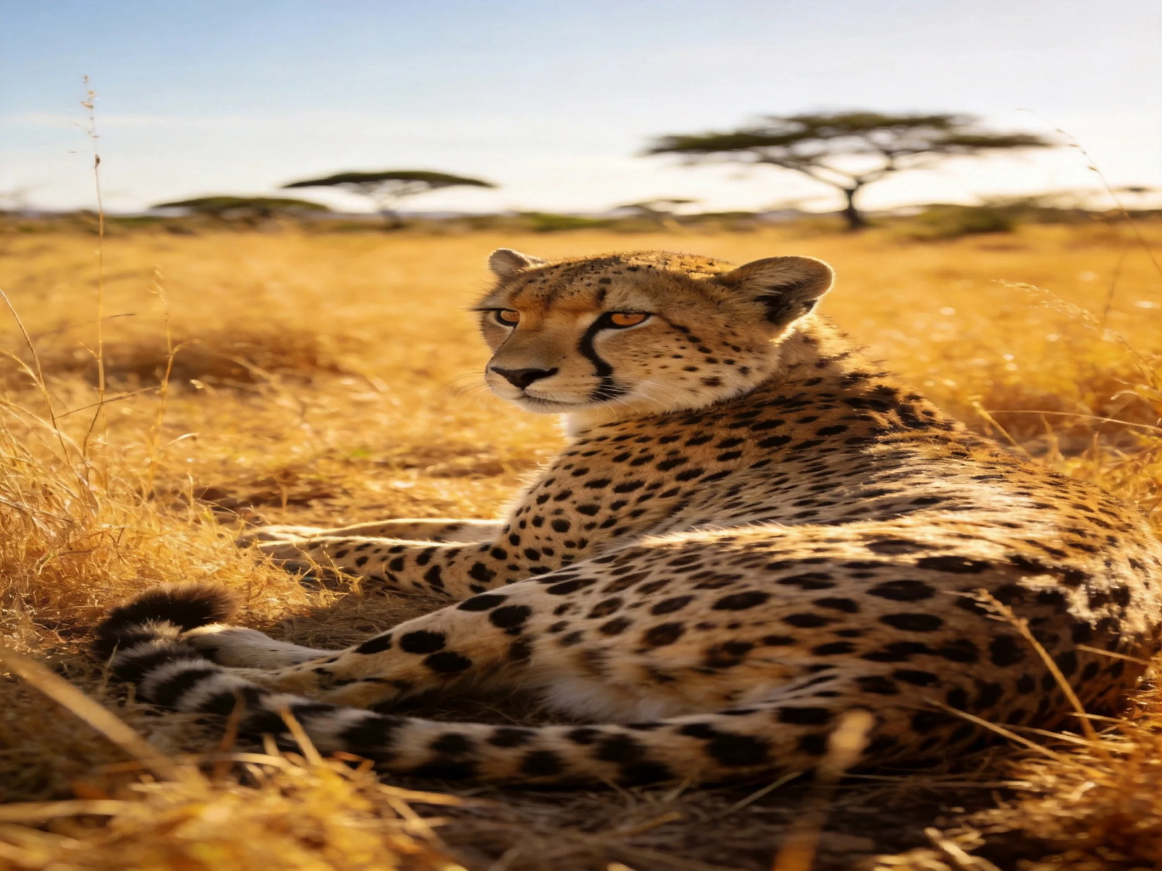 A cheetah rests in golden savannah grass near acacia trees