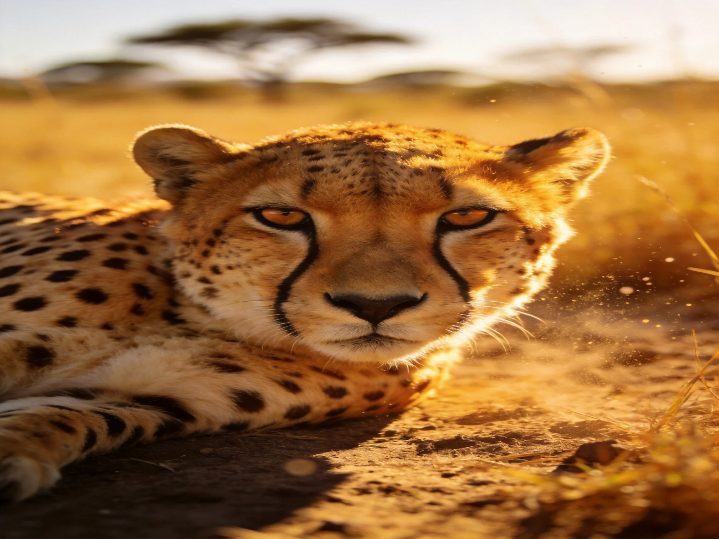 A cheetah rests calmly in a sunlit savannah landscape.