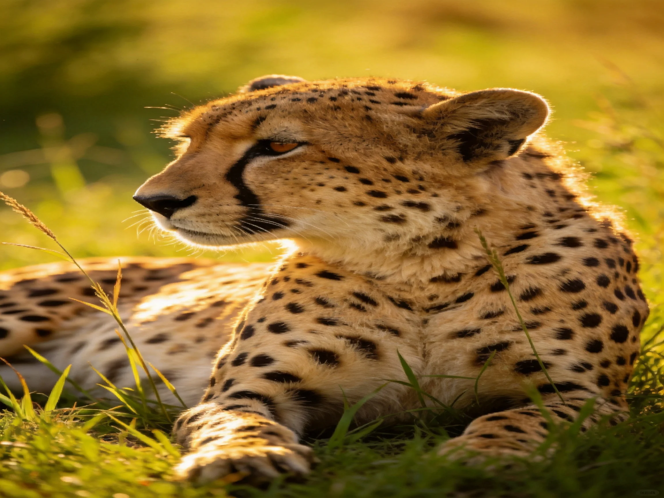 A cheetah rests in sunlit green grass with distinctive black spots