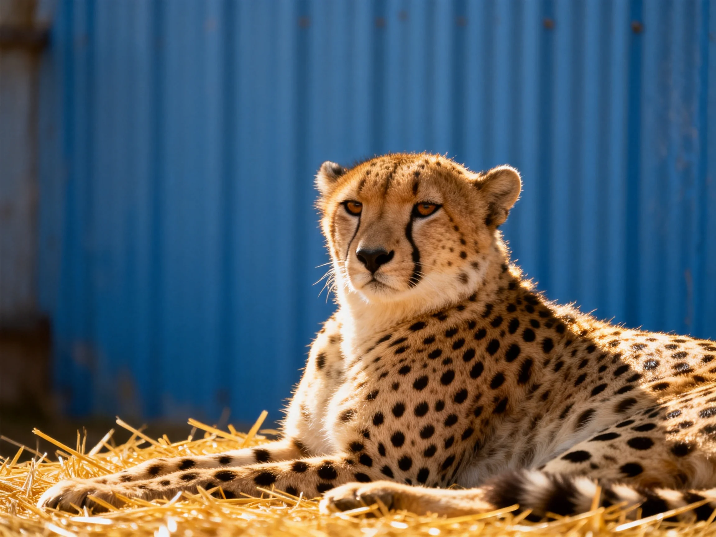 A cheetah rests on golden straw beside a bright blue corrugated wall