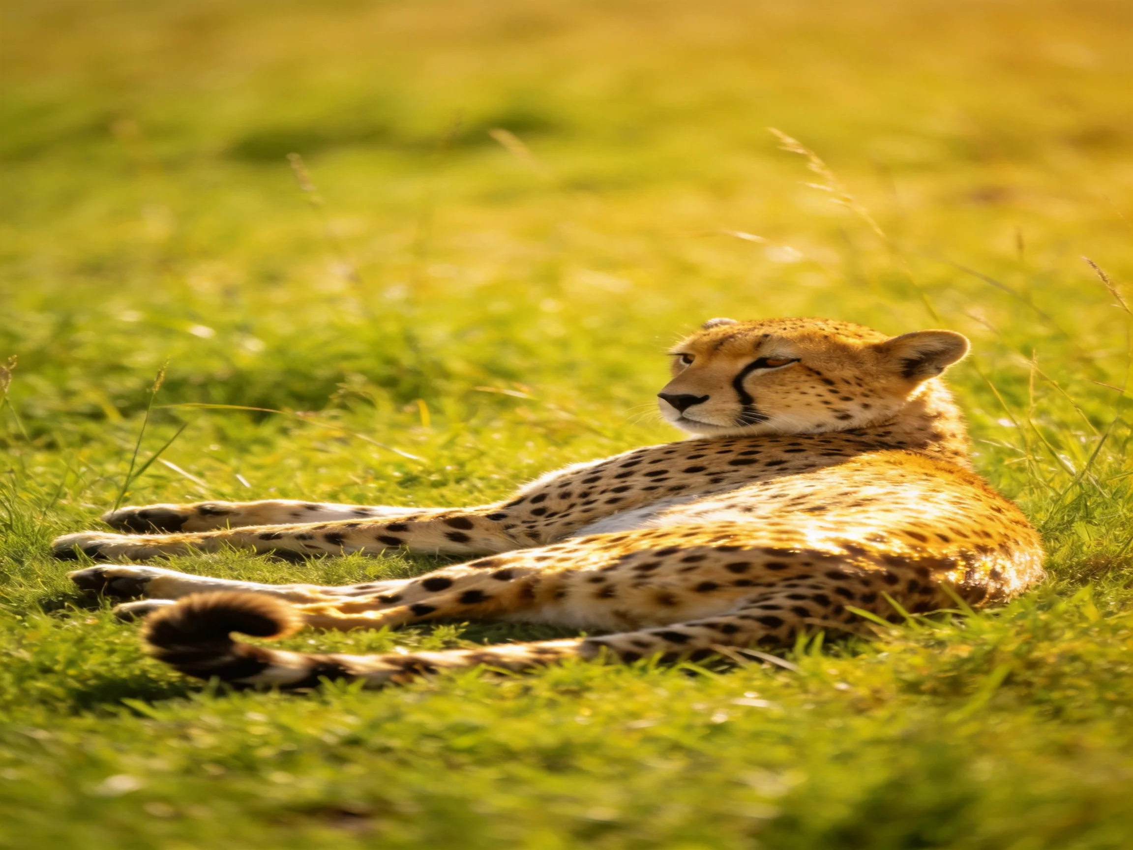 A cheetah relaxes on green grass under warm sunlight.