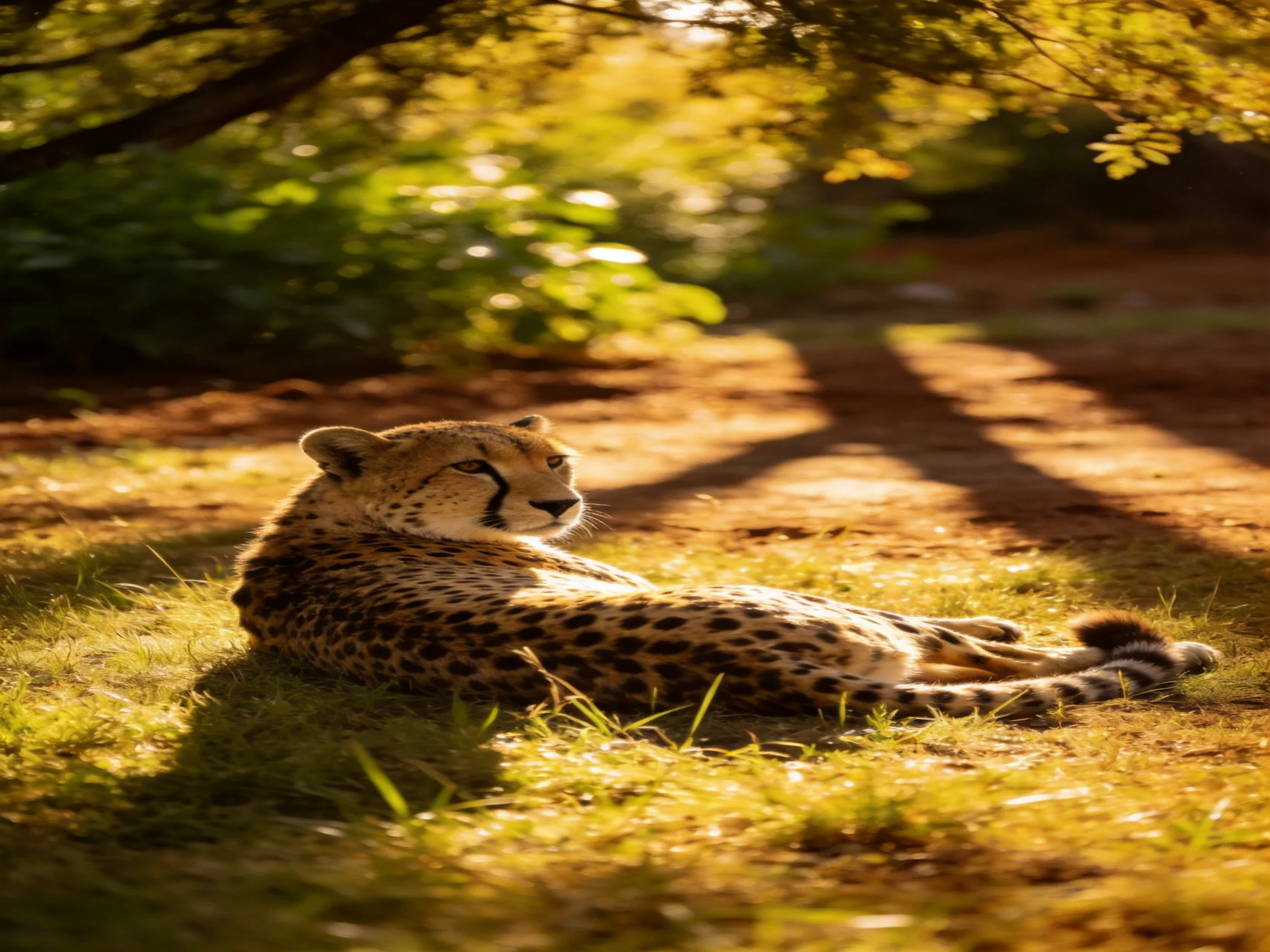 A cheetah rests on sun-drenched grass near a dirt path