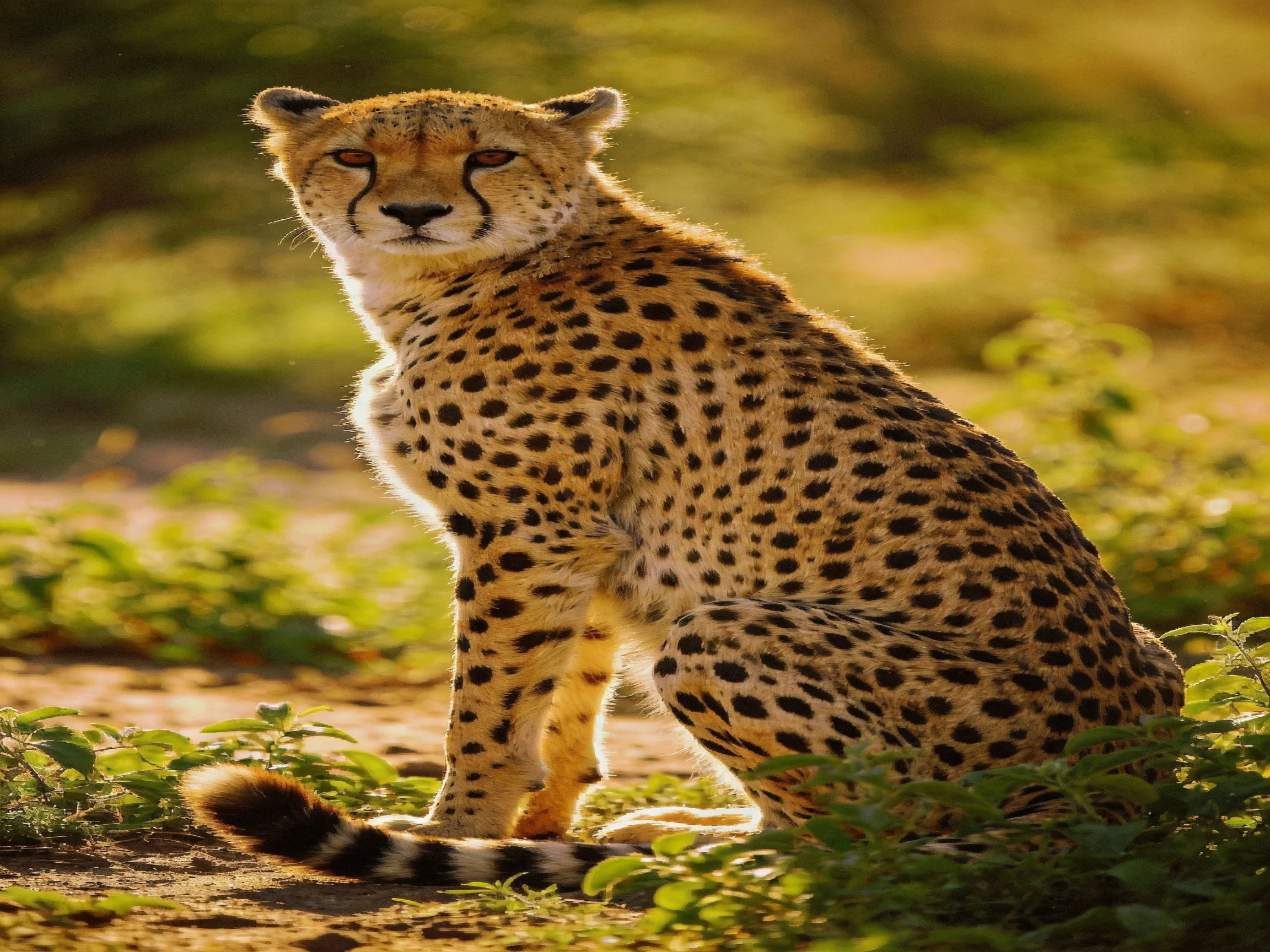 A cheetah sits alert amid vegetation in a sunlit natural setting.