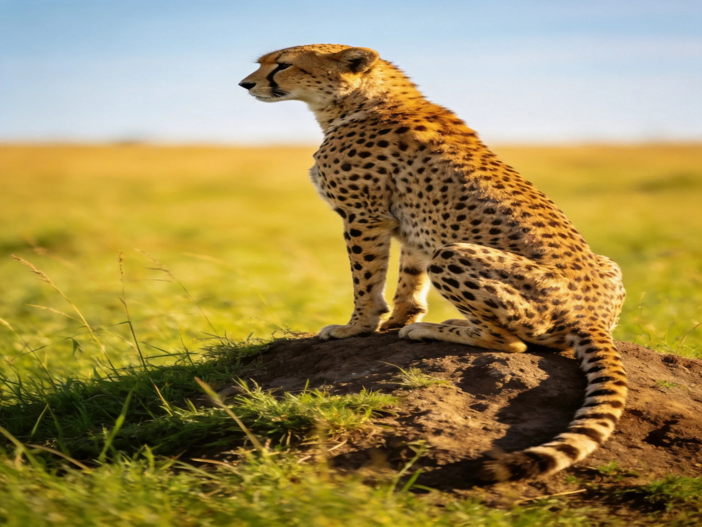 A cheetah sits atop a mound surveying the savannah.