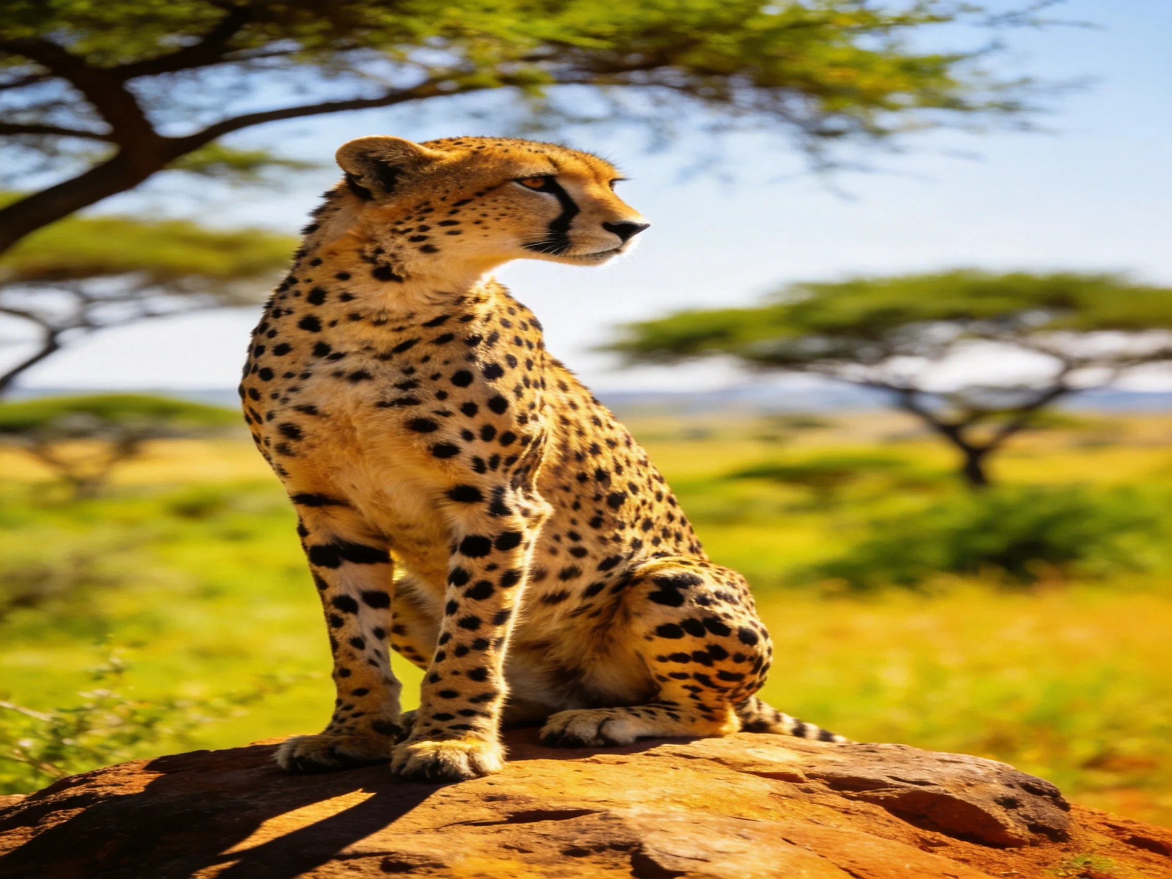 A cheetah sits atop a reddish-brown rock in a sunlit savannah