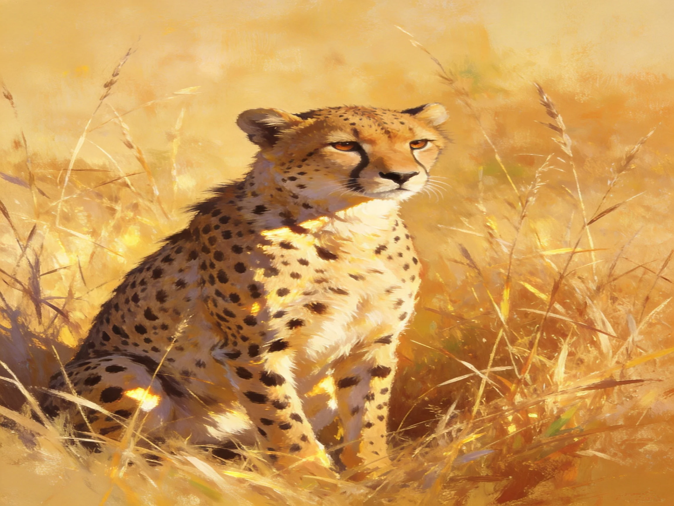 A cheetah sits in golden savannah grasses under warm sunlight