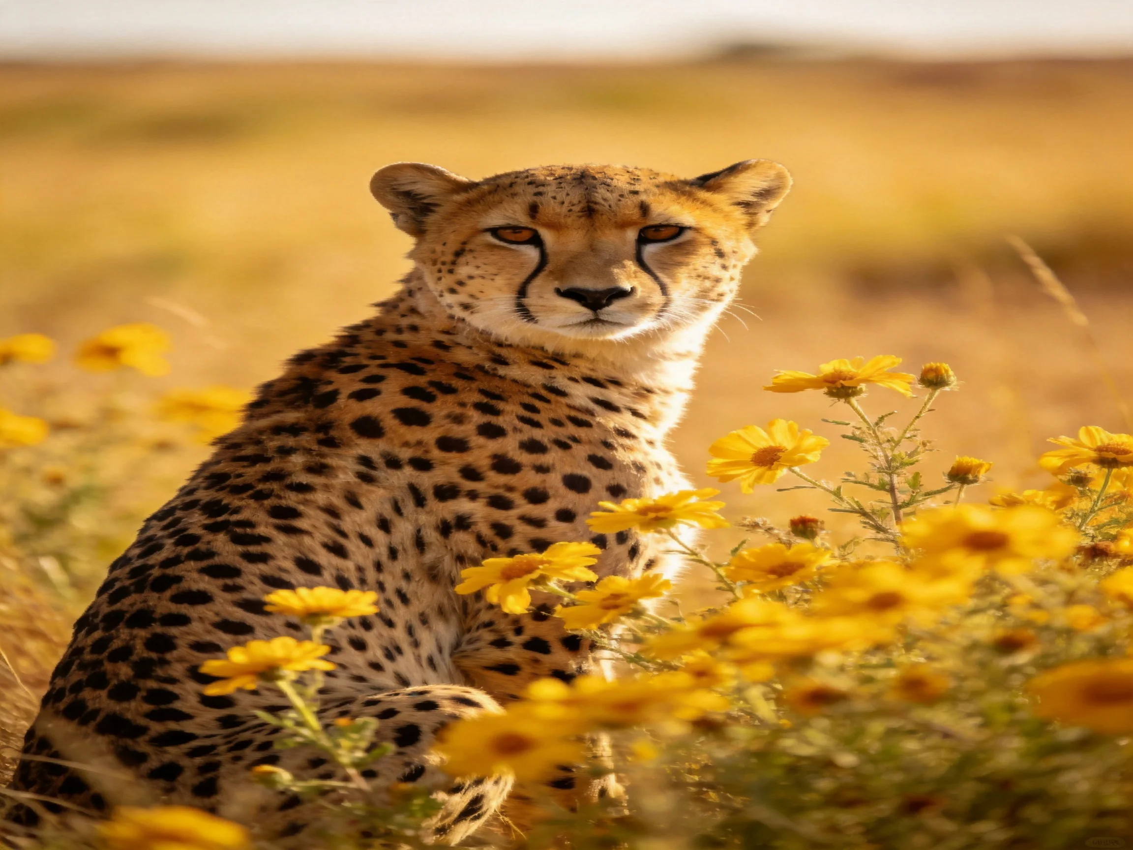 A cheetah sits surrounded bright yellow wildflowers in a sunlit savannah