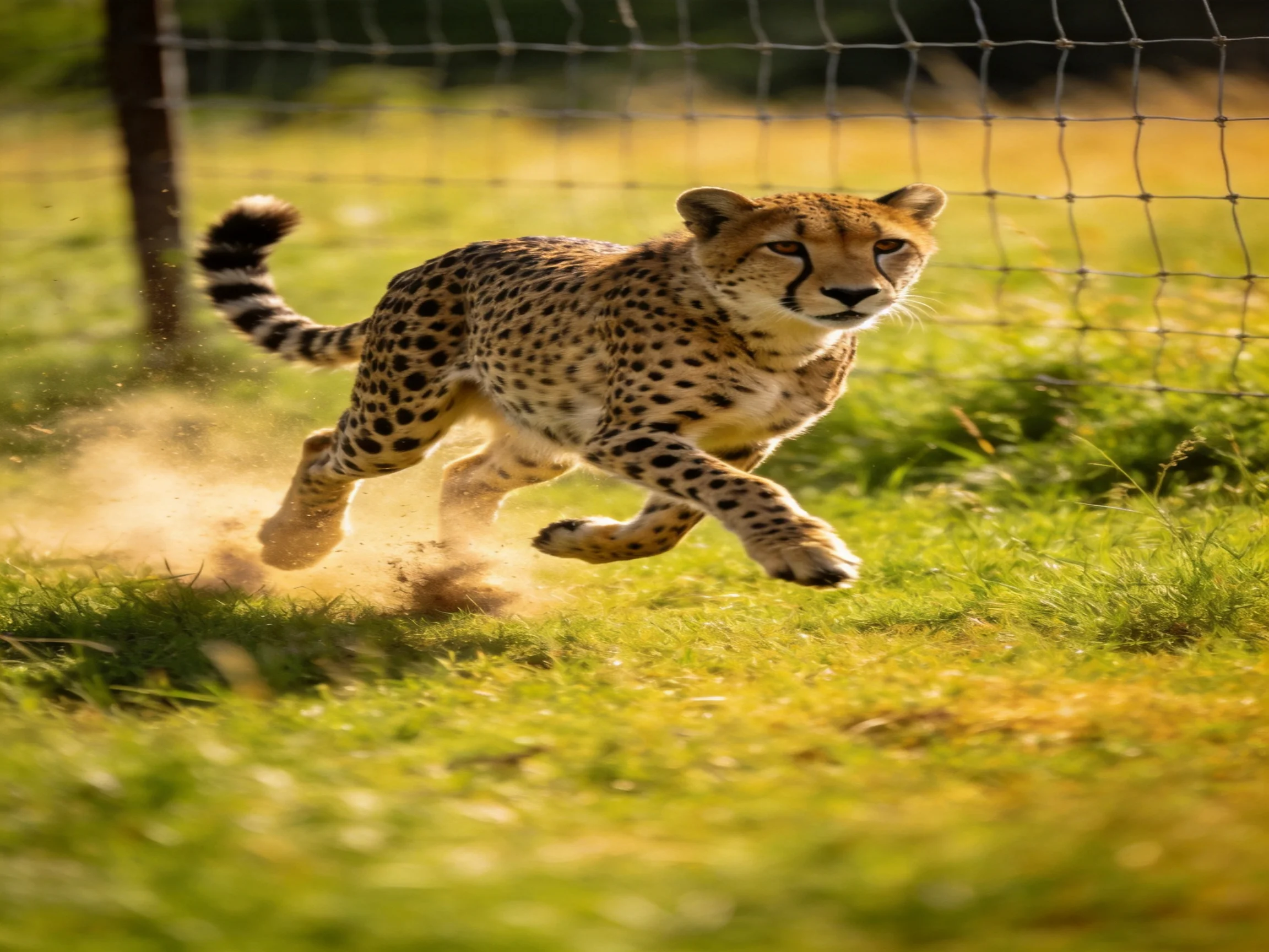 A cheetah sprints across green grass near a wire fence