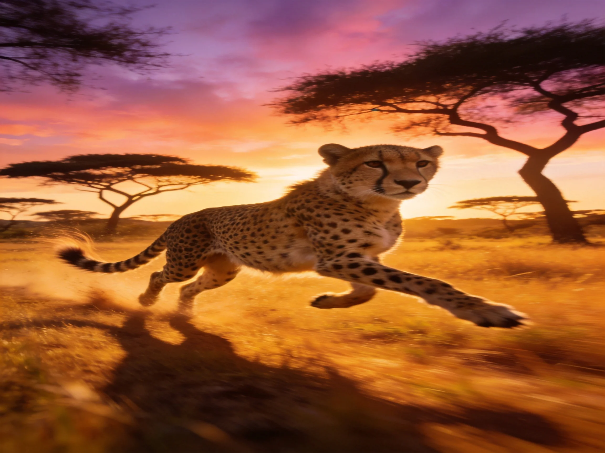 A cheetah sprints through an African savannah at sunset