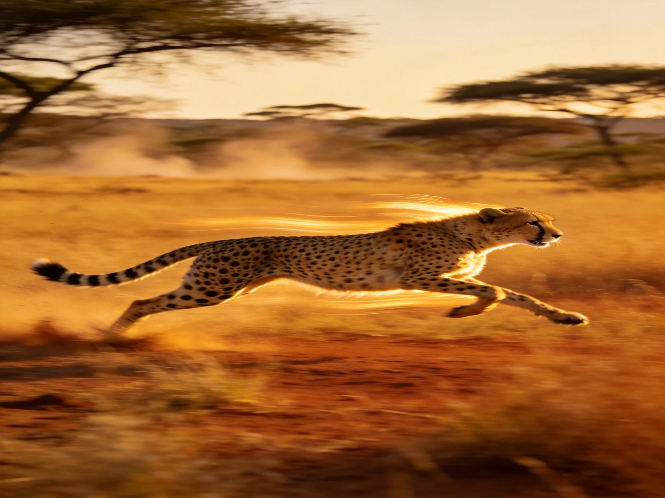 A cheetah sprints through golden savannah dust under warm sunlight