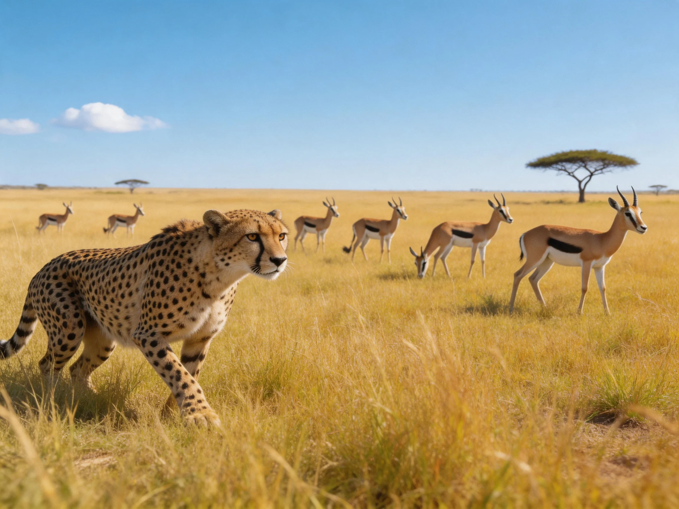 A cheetah stalks through golden savannah with six antelopes nearby