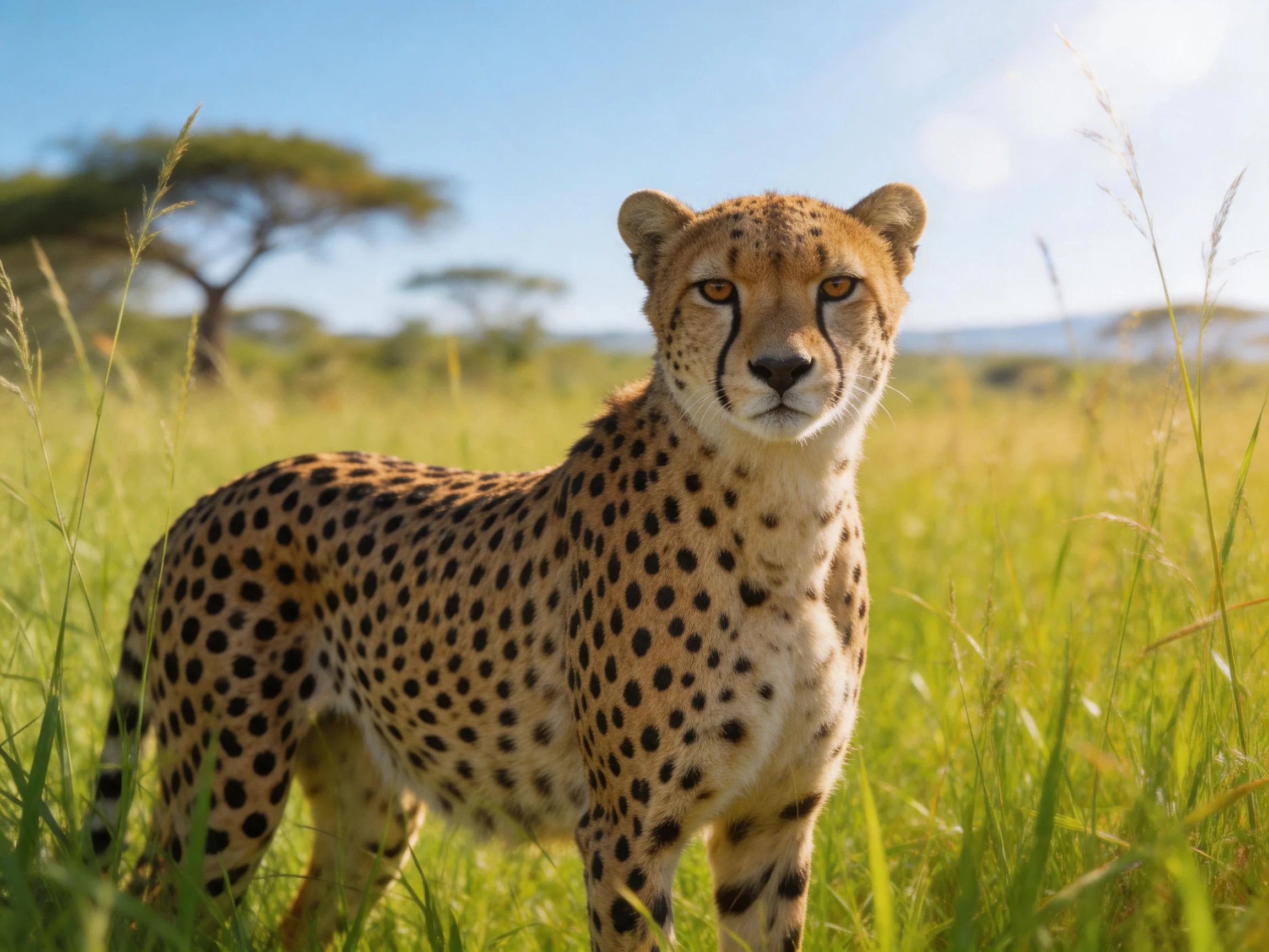 A cheetah stands in tall grass of a sunlit savannah environment.