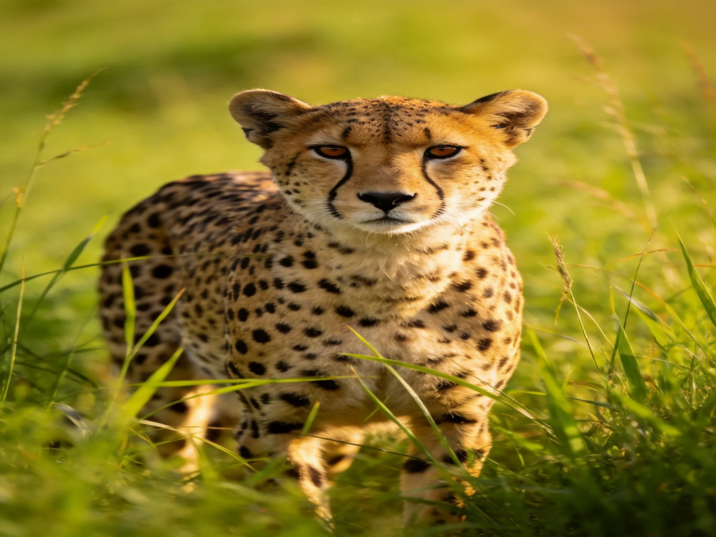 A cheetah stands among tall green grasses in golden sunlight