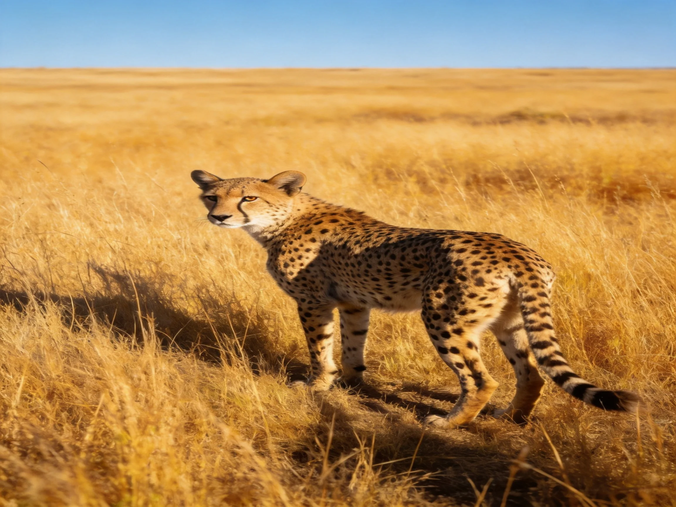 A cheetah stands in a golden savannah landscape.