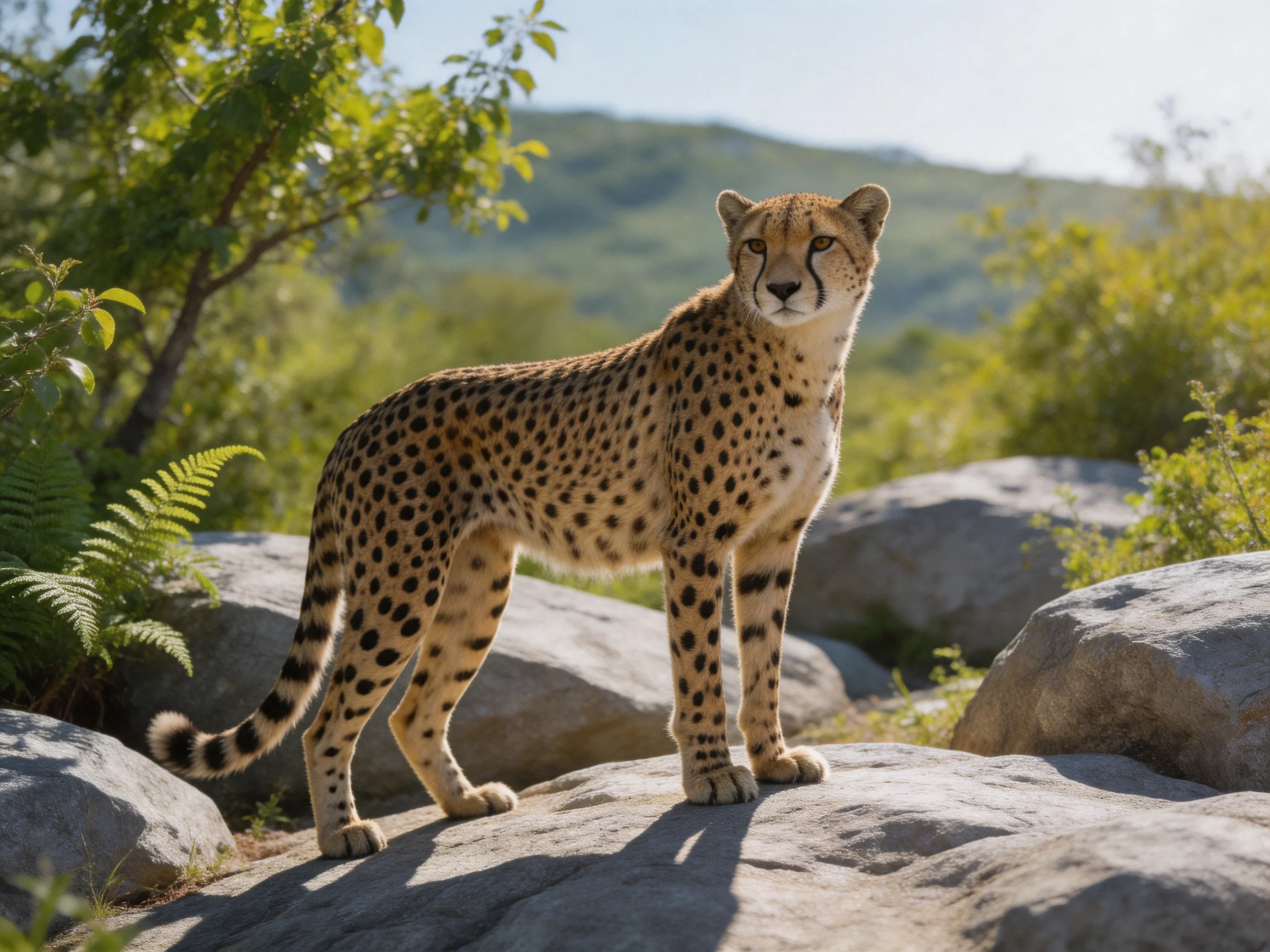 A cheetah stands on large gray rocks amid lush greenery
