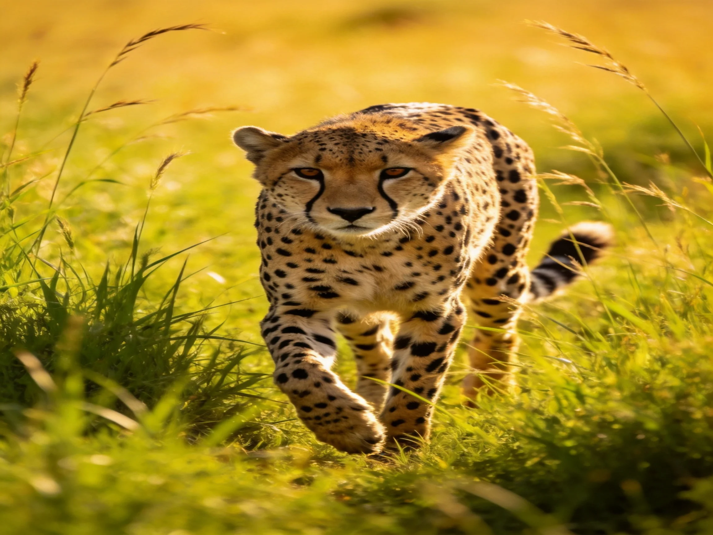 A cheetah walks through tall golden-green grass under warm sunlight