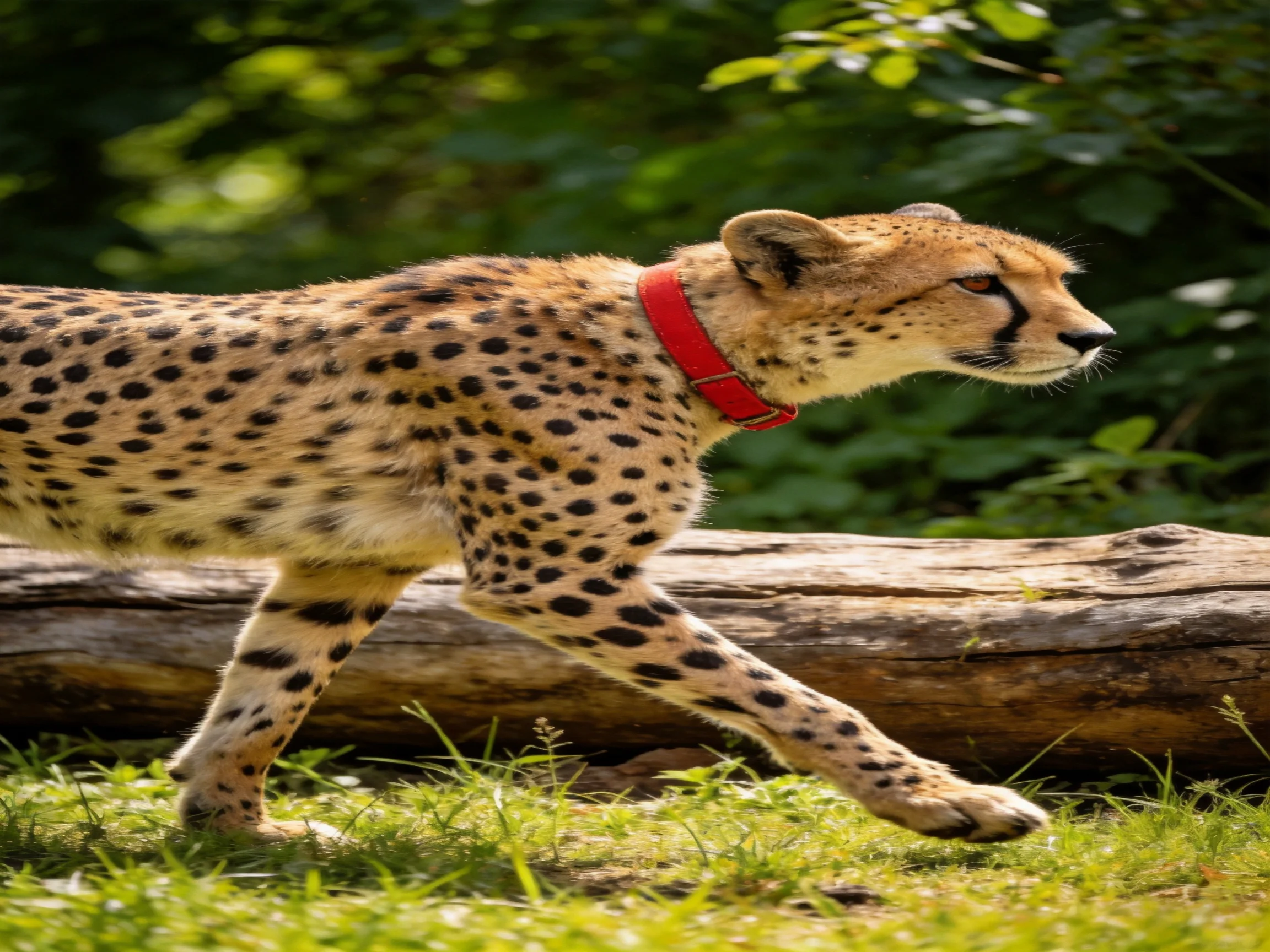 A cheetah with a red collar walks near a fallen log