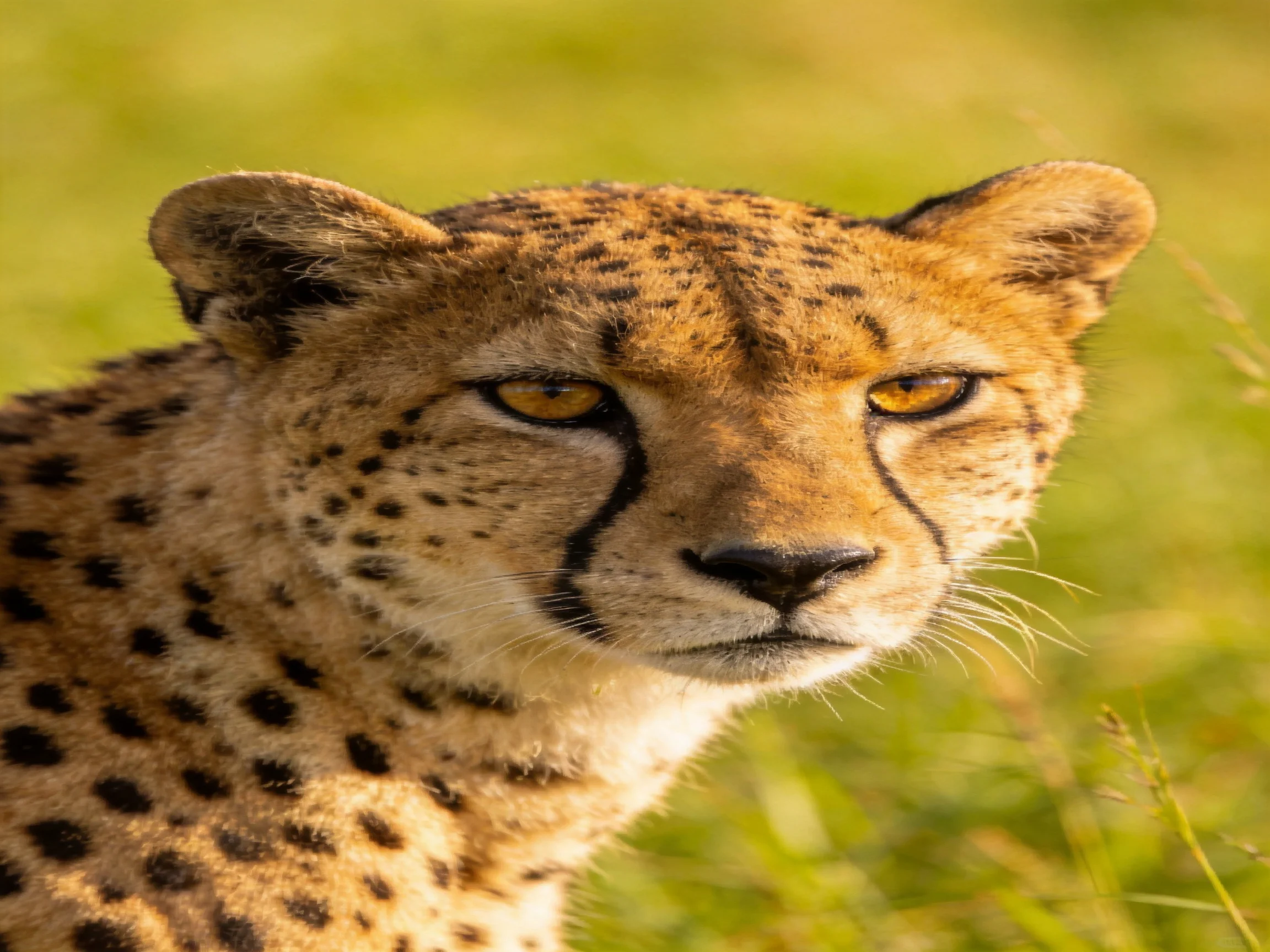 A cheetah with amber eyes in sunlit green landscape
