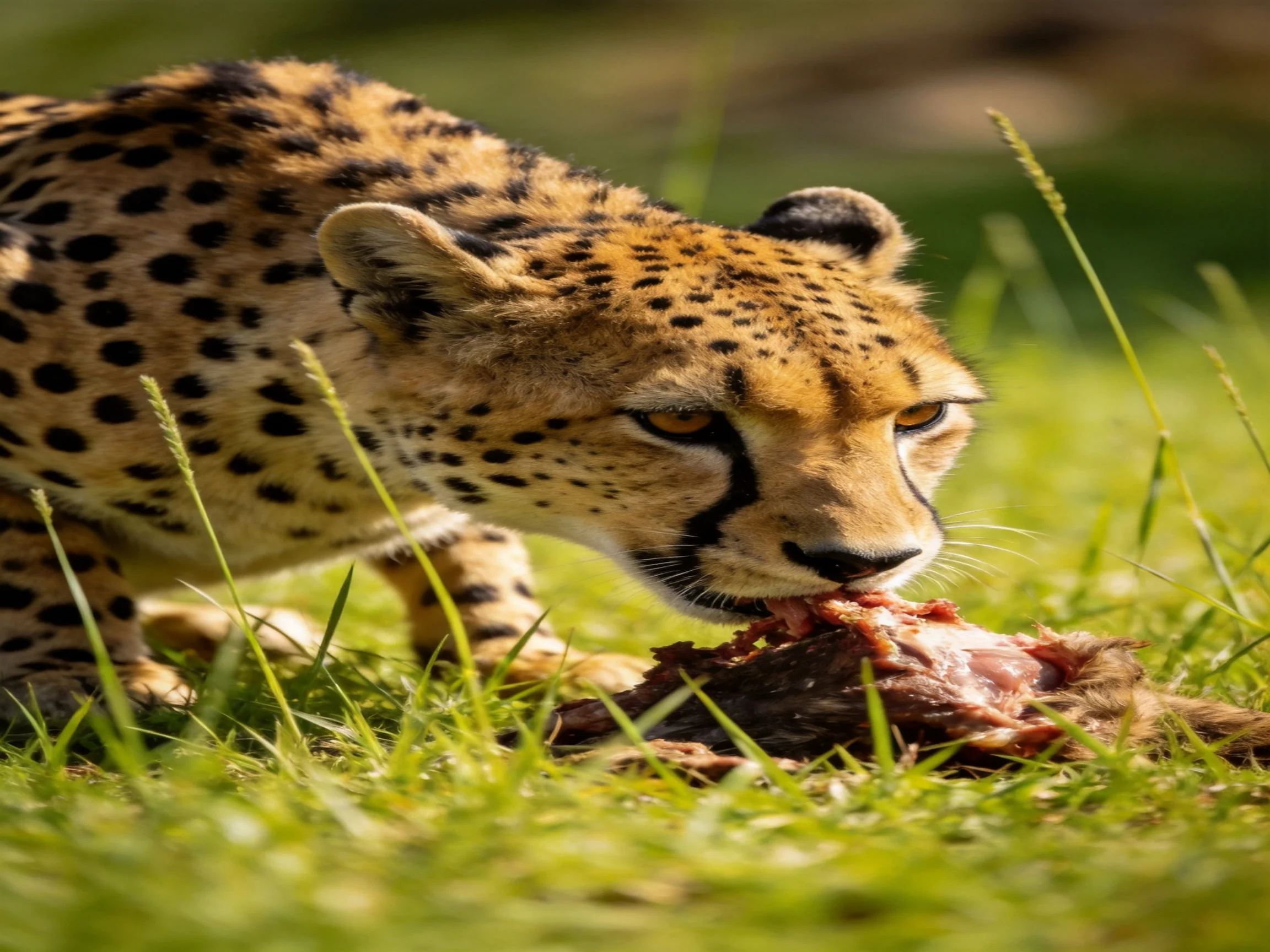 A cheetah with black spots feeding on prey in lush green grass