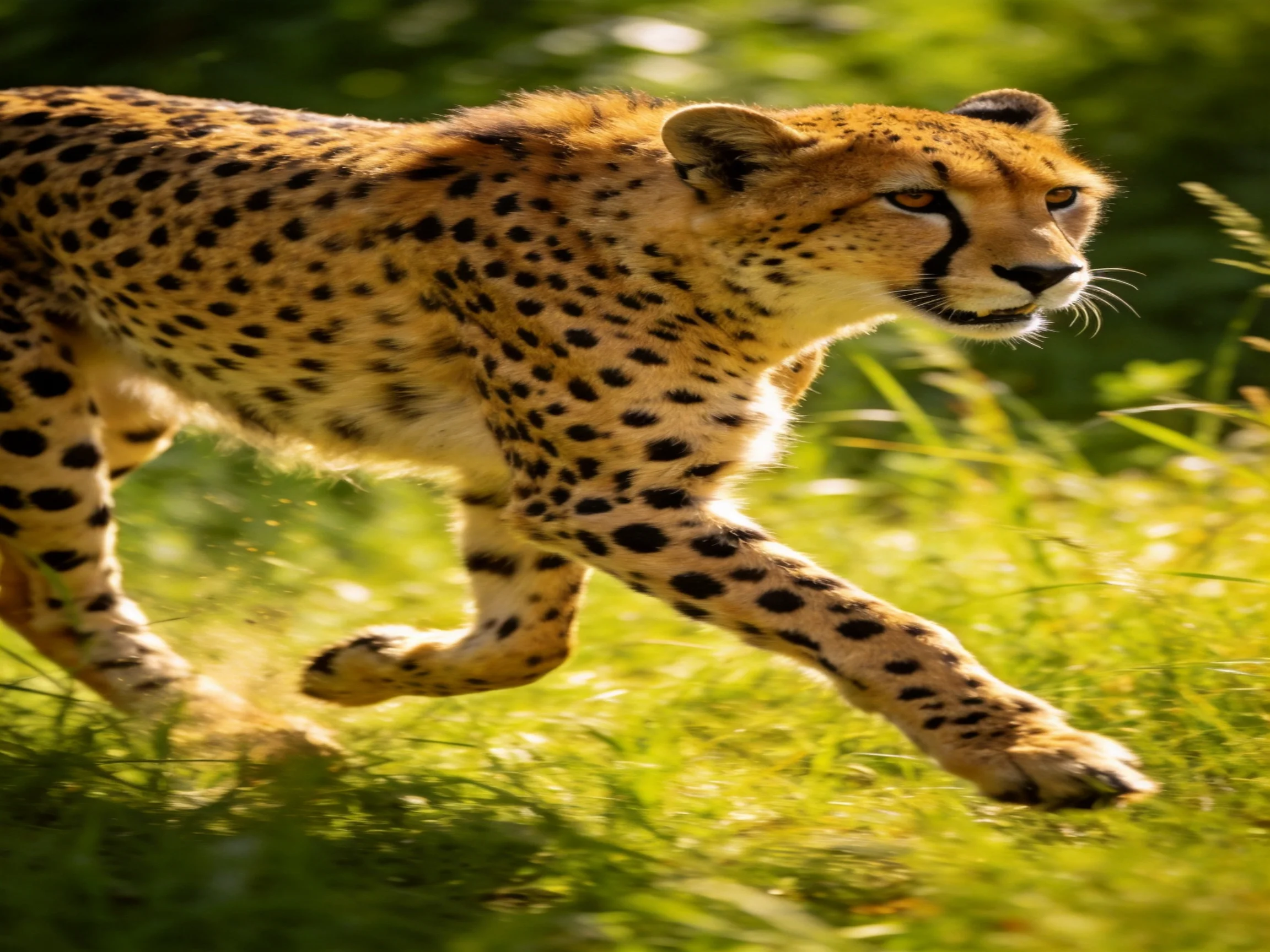 A cheetah with black spots sprinting through lush green grass