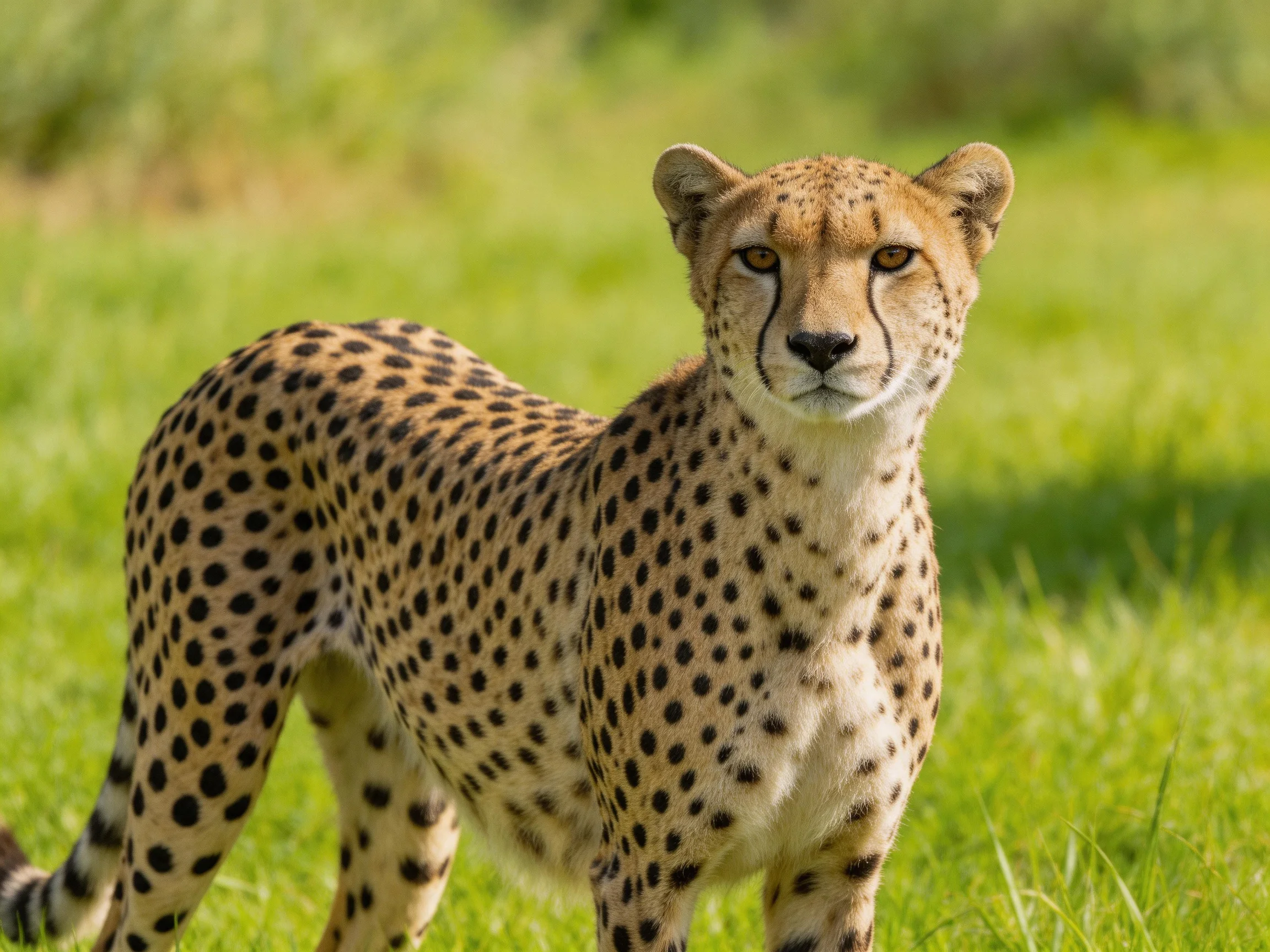 A cheetah with black spots stands in green grass