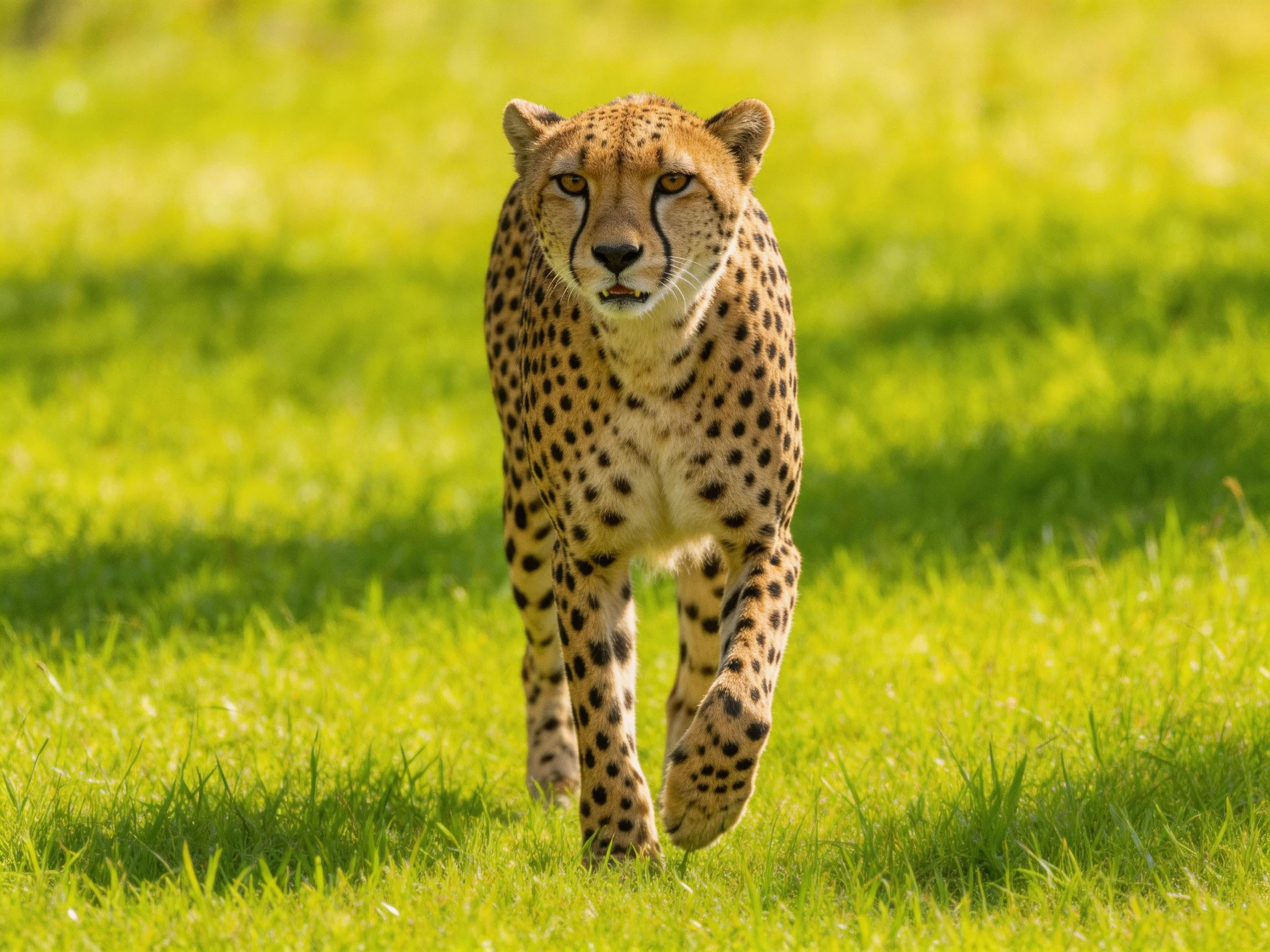 A cheetah with black spots walking through lush green grass