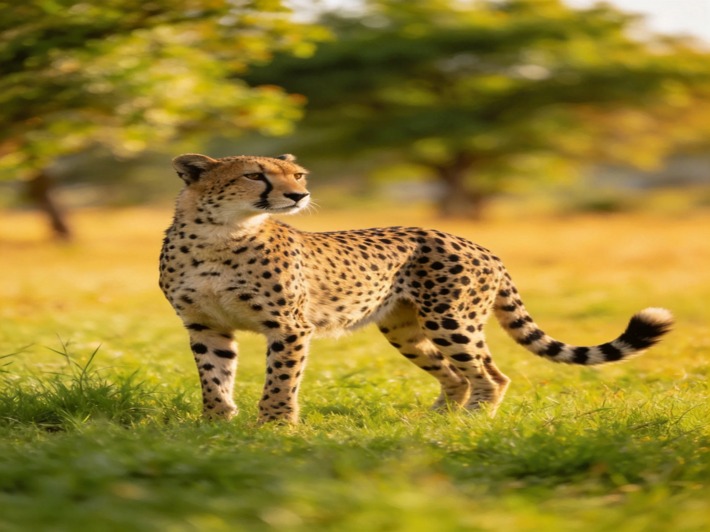 A cheetah with black-spotted fur stands on sunlit grass near trees
