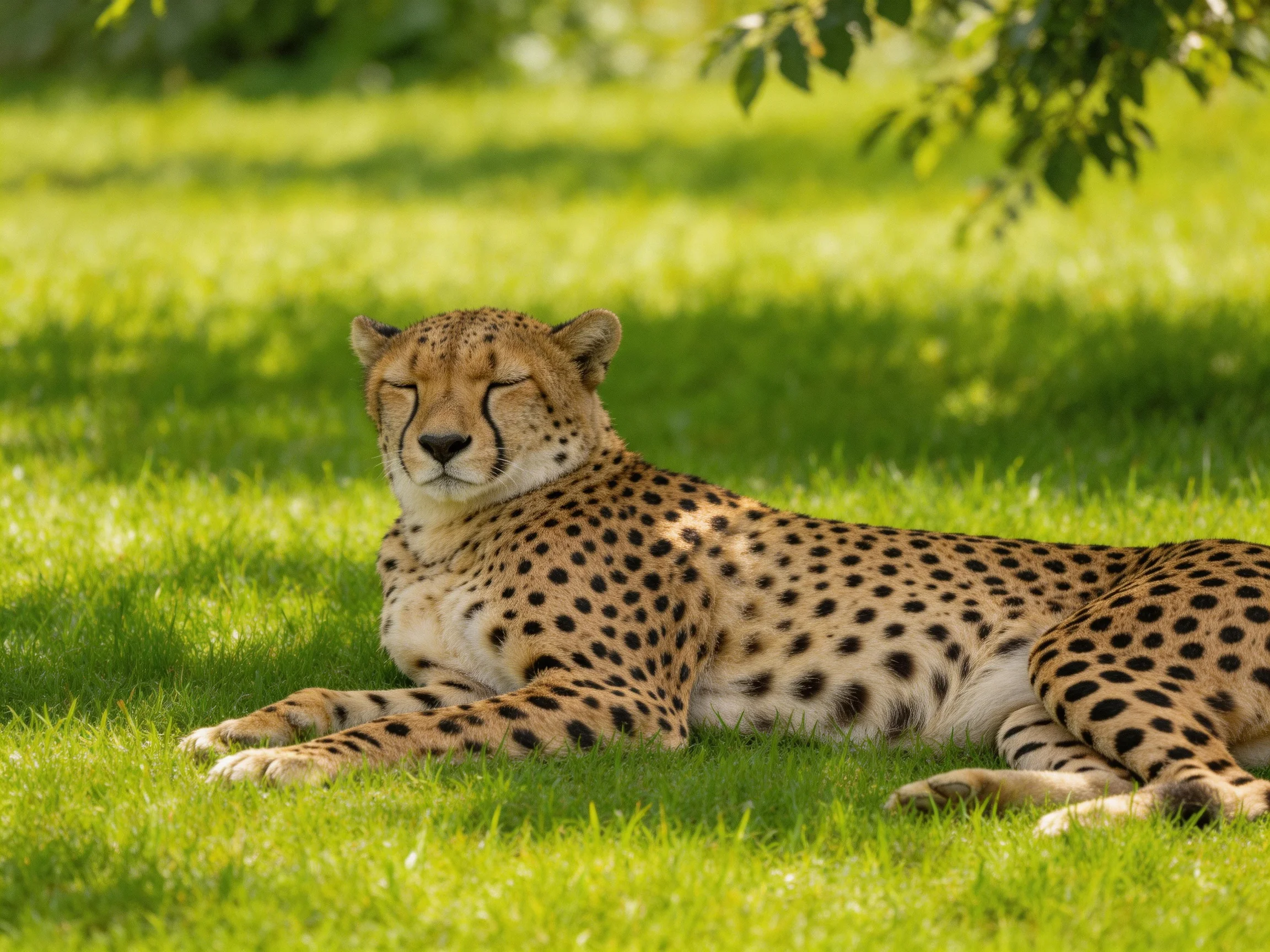 A cheetah with distinct black spots rests on lush green grass