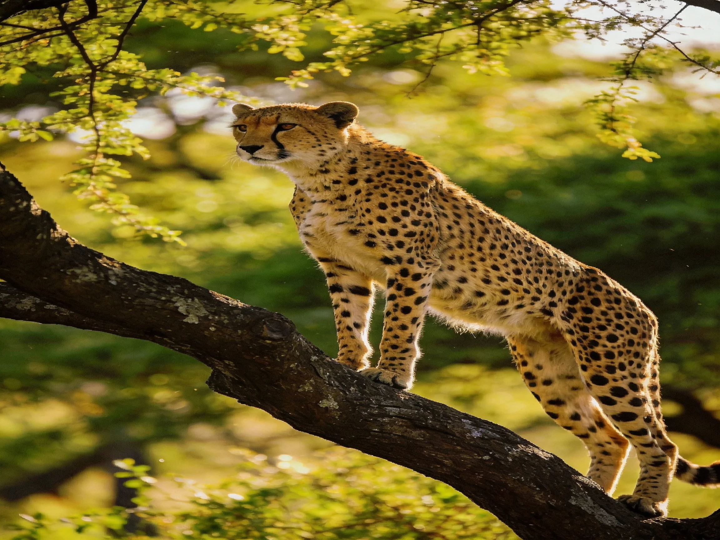 A cheetah stands on a tree branch in a sunlit, green forest setting.
