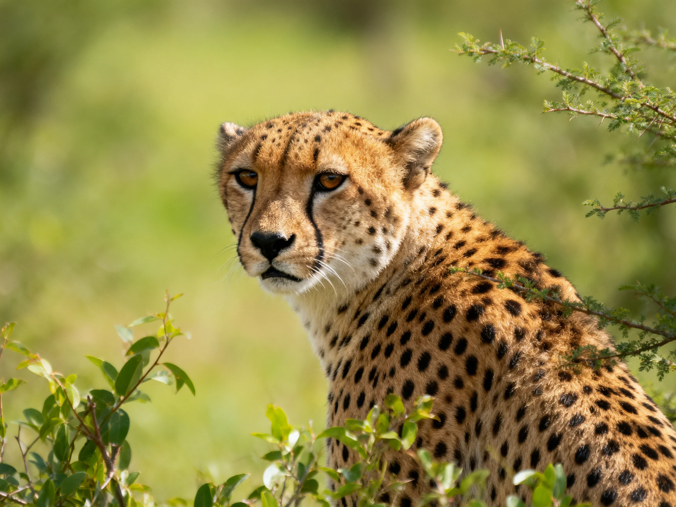A cheetah with spotted coat in verdant landscape