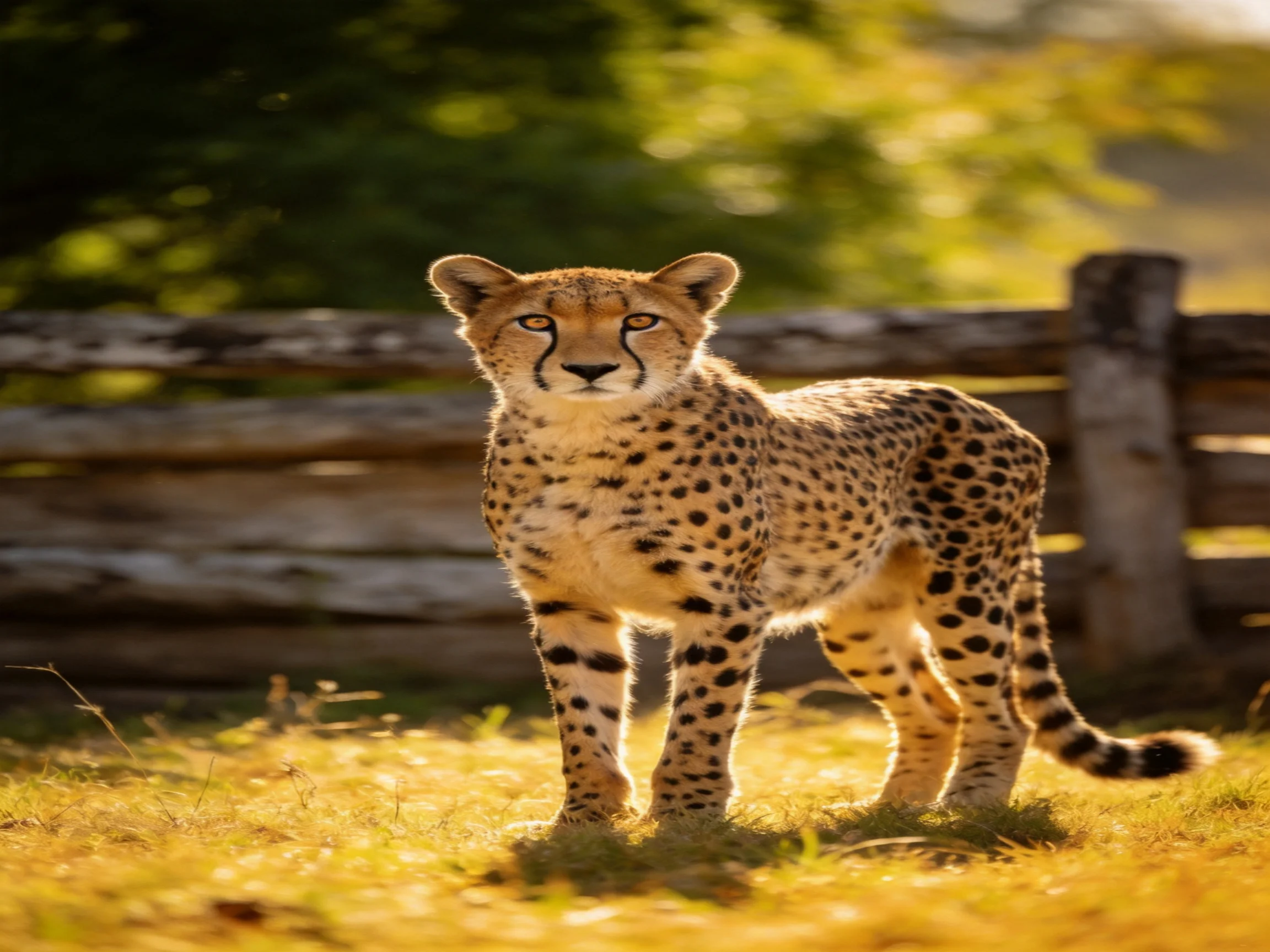 A cheetah stands near a wooden fence in a sunlit area.