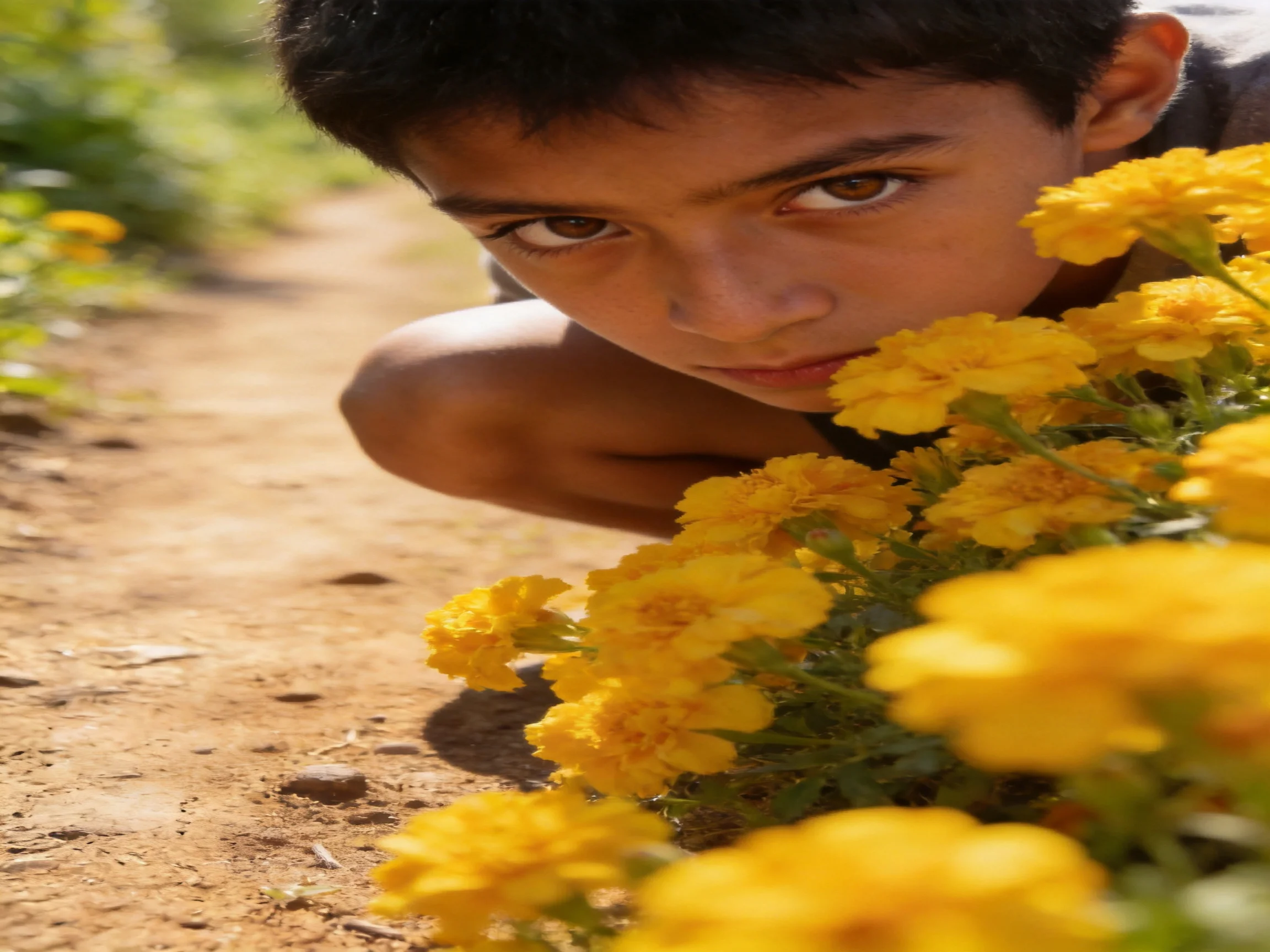 A child crouches near bright yellow flowers along a dirt path.
