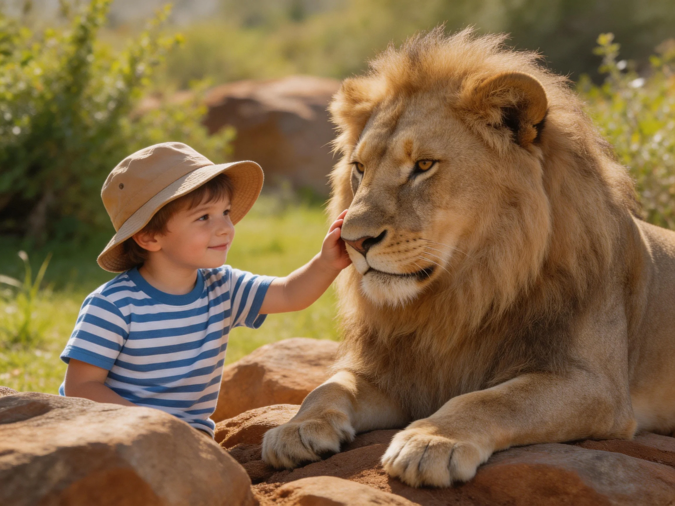 A child calmly interacts with a large tawny lion near rocks outdoors.