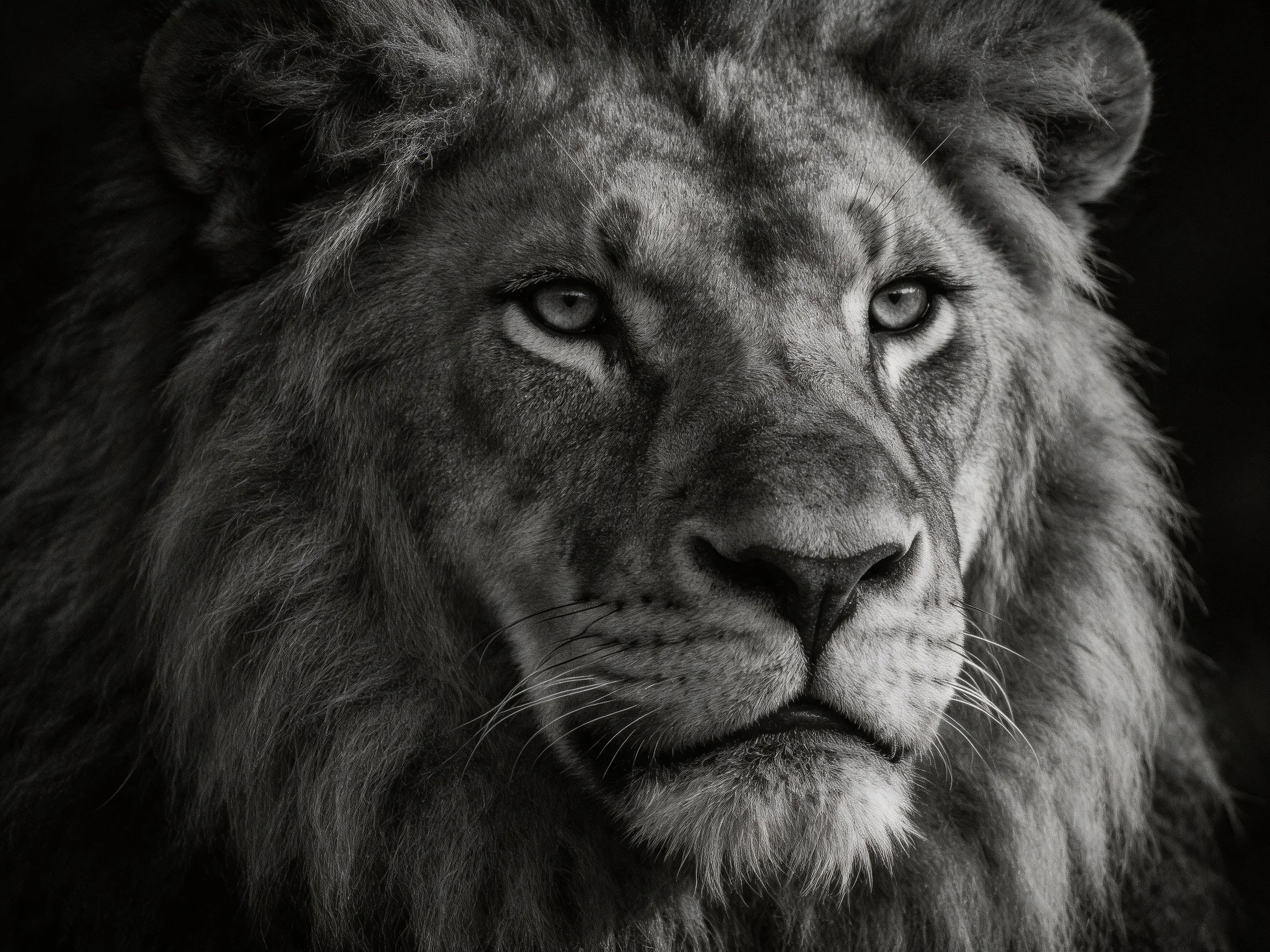 A close - up black - and - white portrait of a majestic lion with thick mane