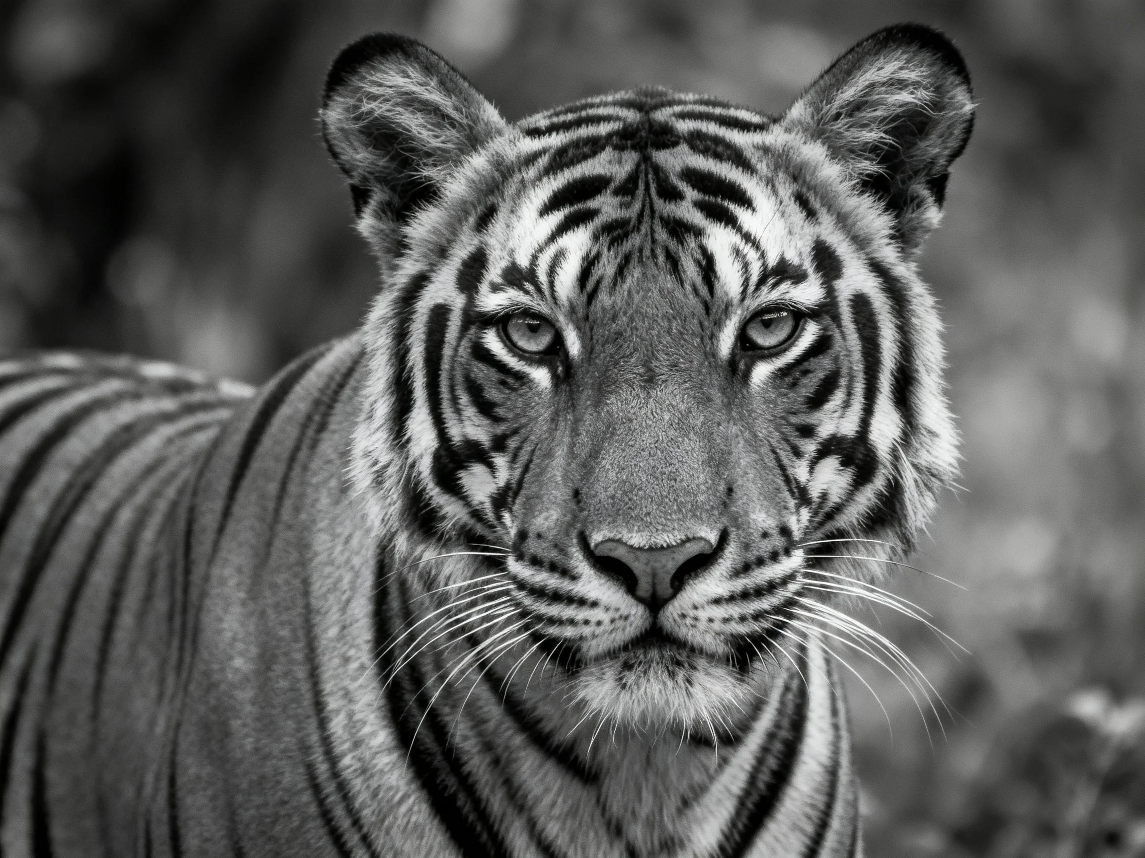 Close - up black - and - white portrait of a tiger with distinct stripes.