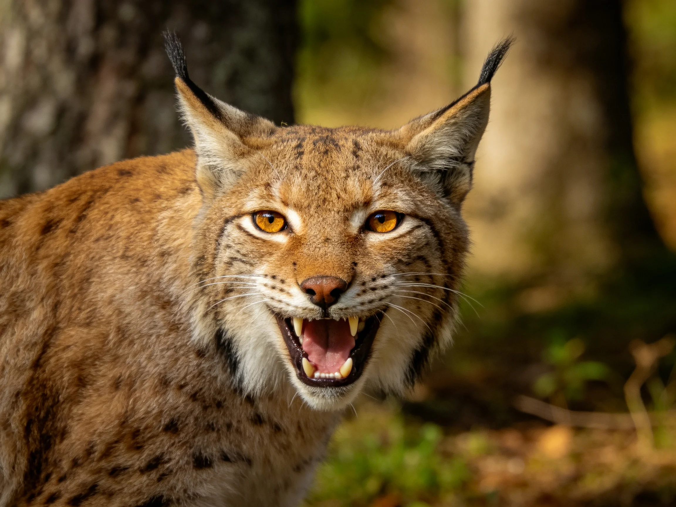 A lynx with an open mouth stands in a forest, displaying its teeth.