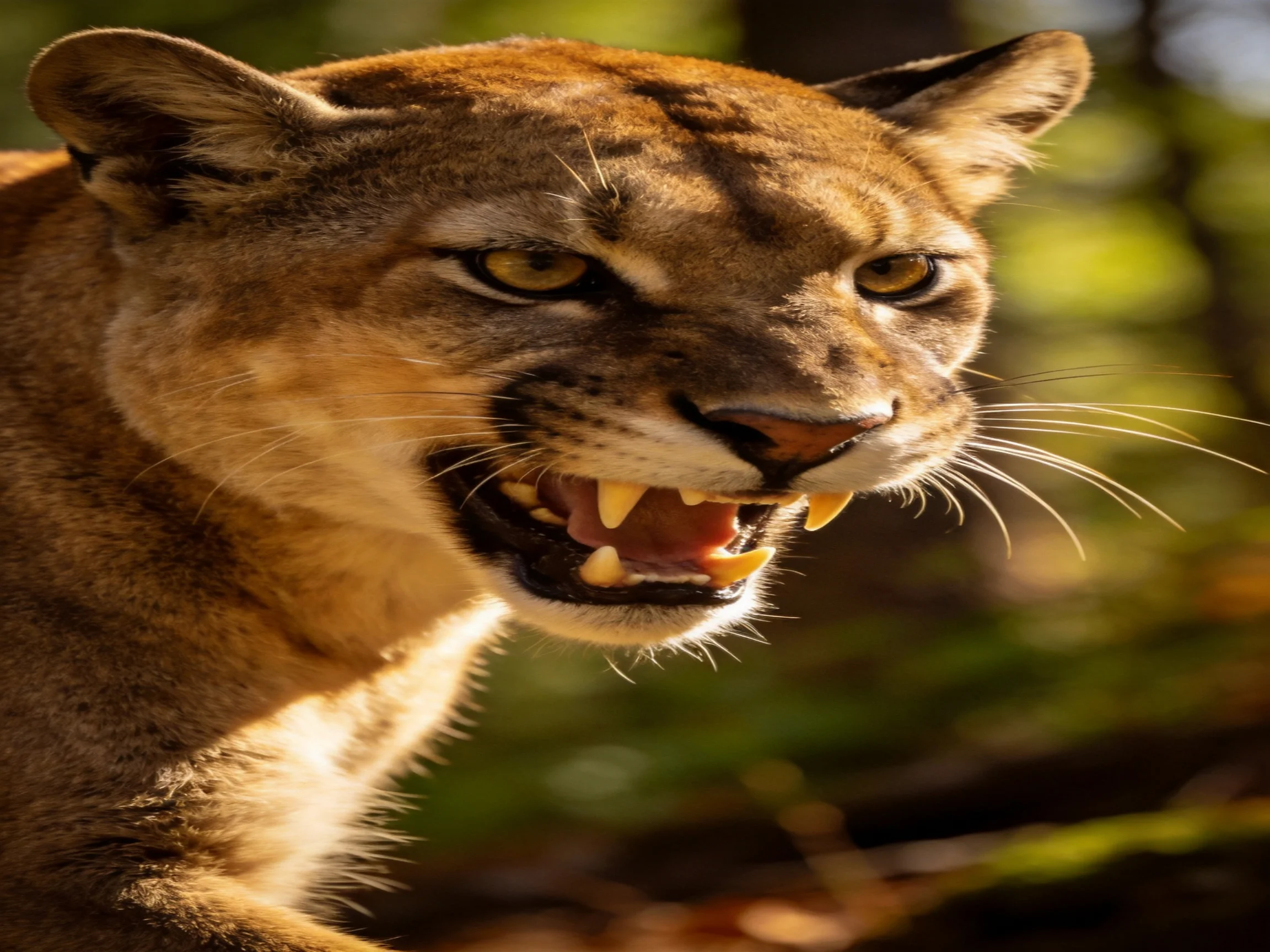 A brown cougar displays its bared teeth in a forest