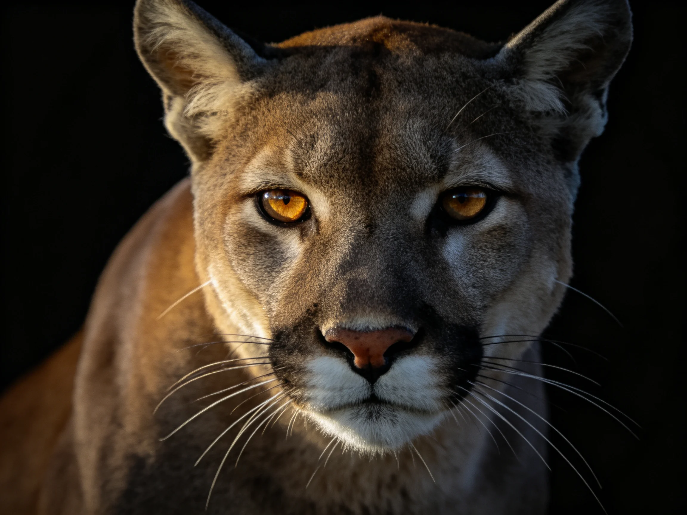 A close - up of a cougar with amber eyes against a dark backdrop
