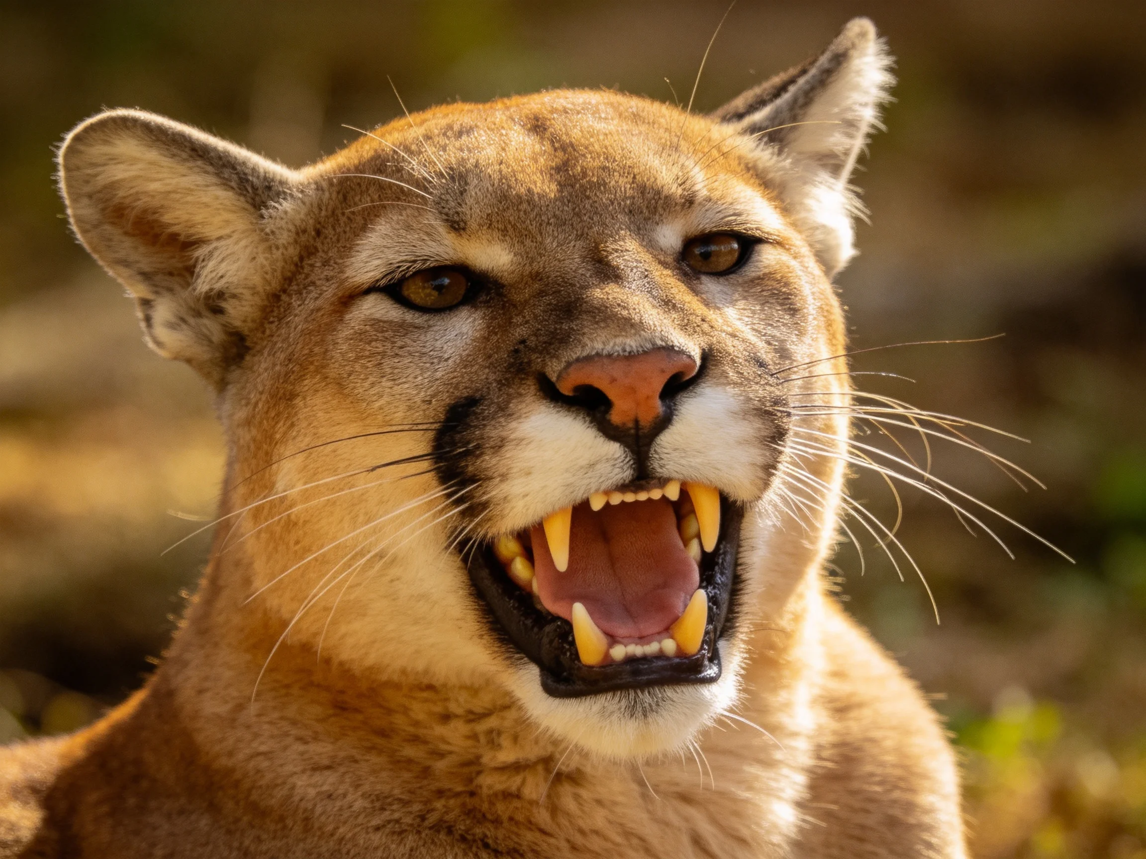 A close - up of a cougar with golden fur and bared teeth