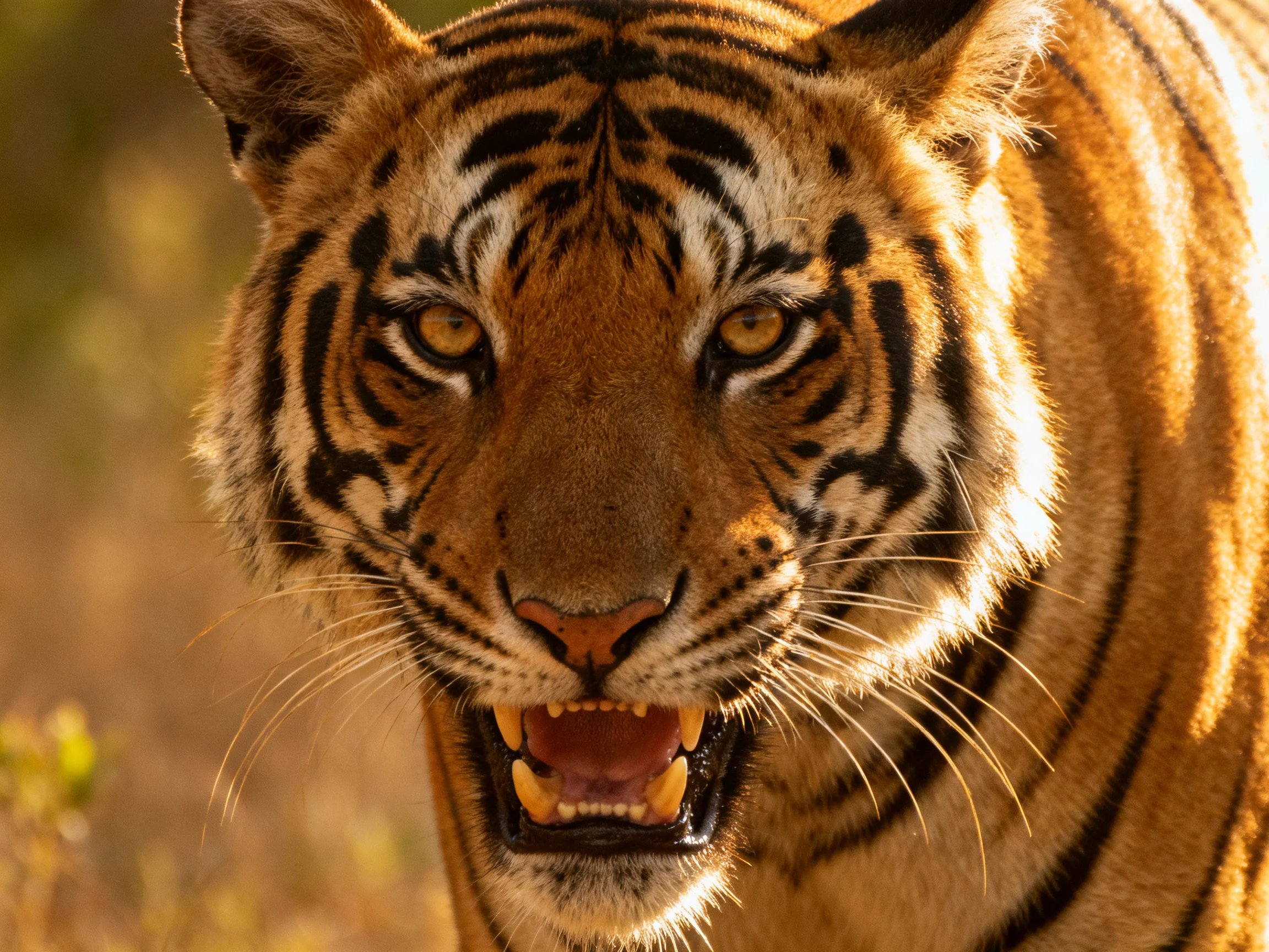 A close - up of a fierce orange tiger with bold black stripes