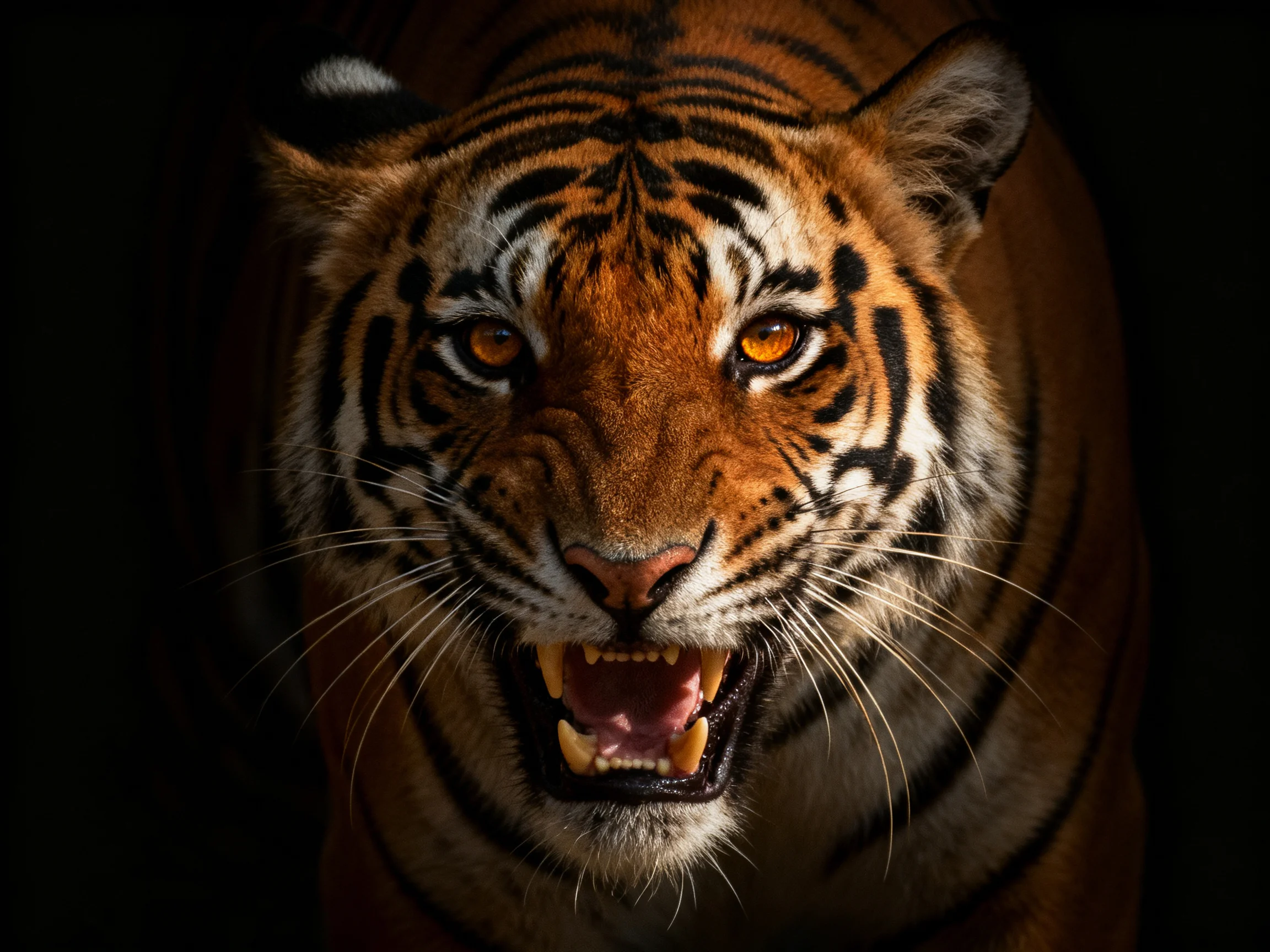 A close - up of a fierce tiger with vibrant orange fur and distinct black stripes